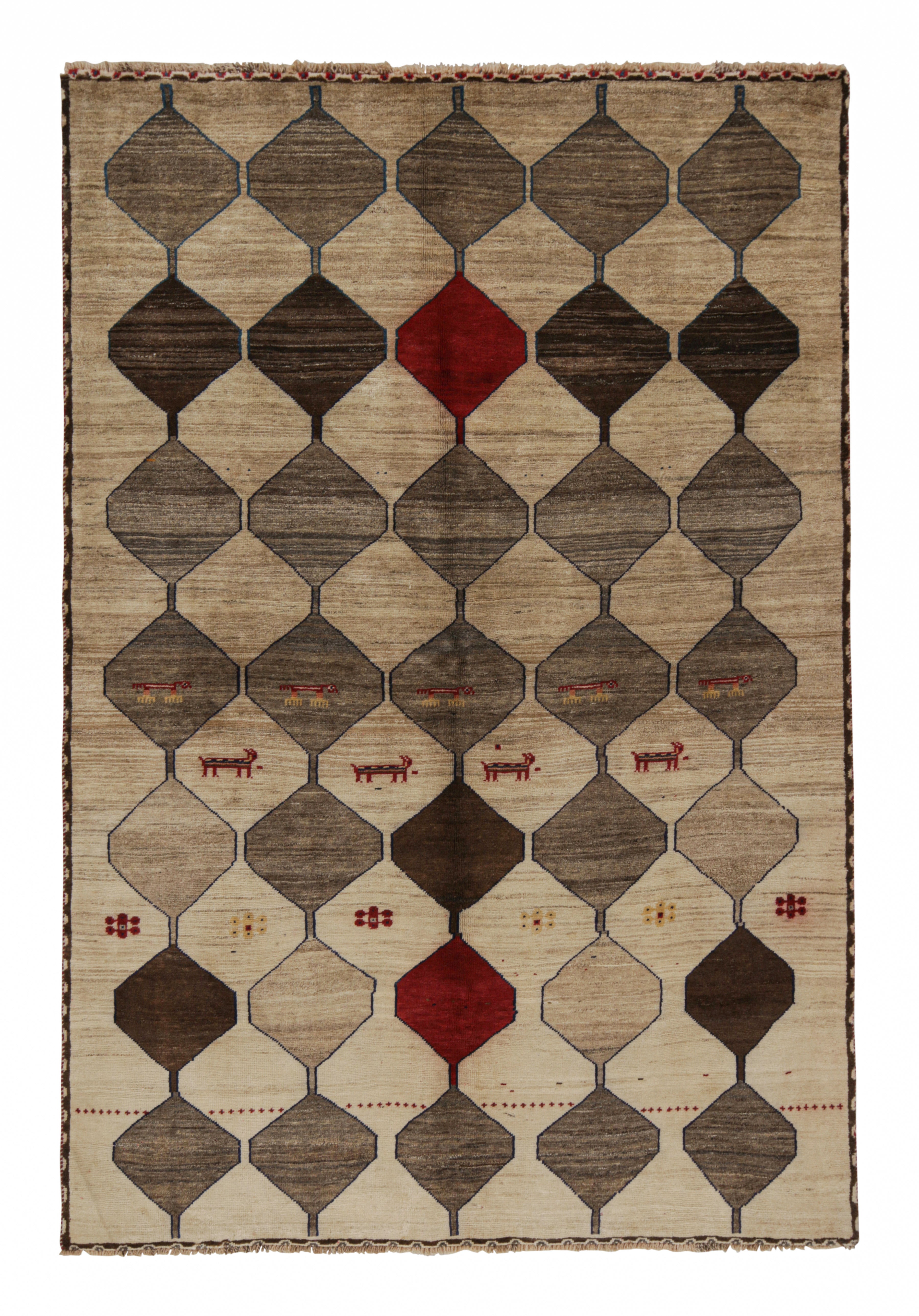 Vintage Gabbeh Tribal Rug in Beige-Brown, Gray and Red Accents by Rug & Kilim For Sale