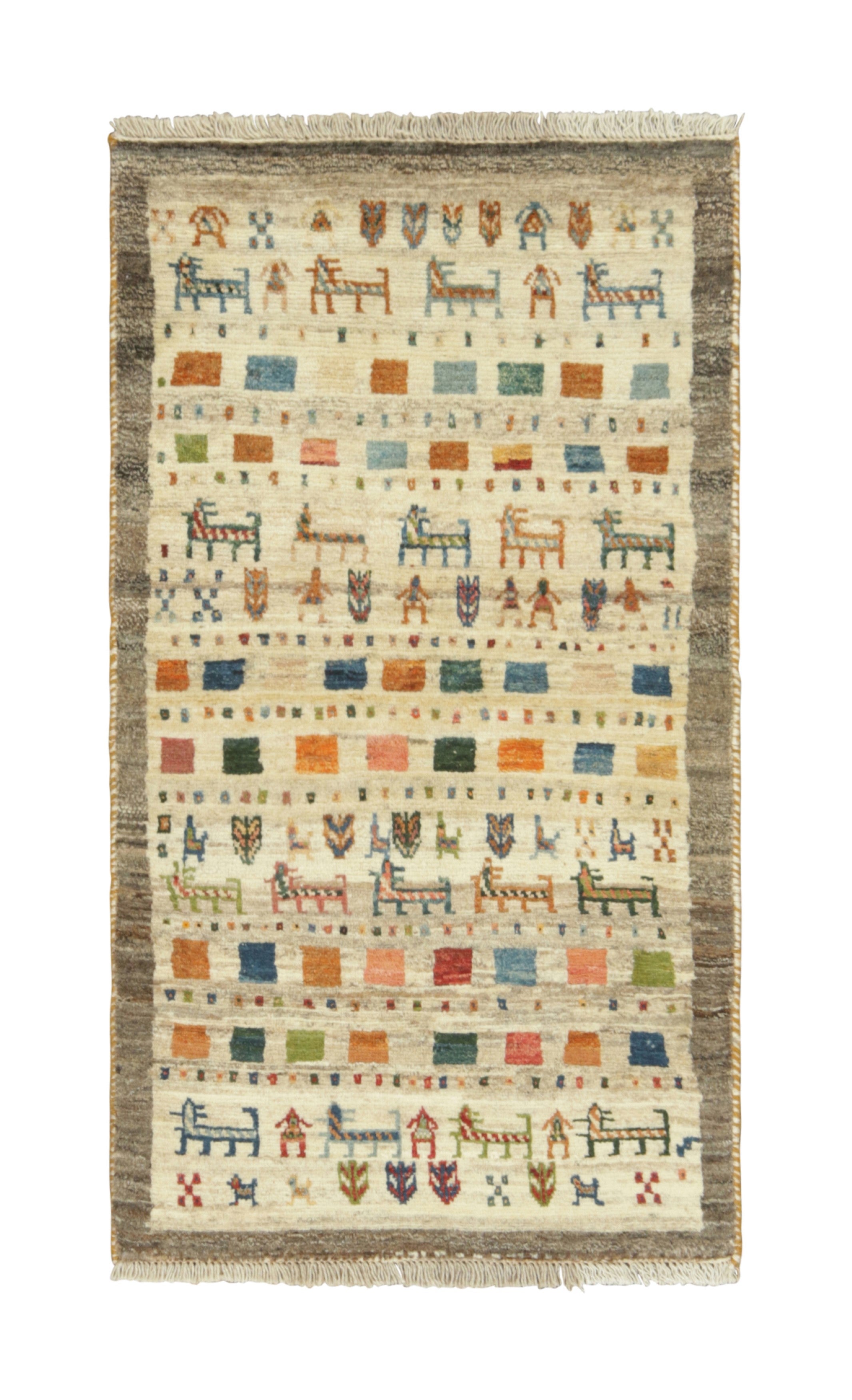 Alfombra tribal Gabbeh vintage en beige con motivos pictóricos en naranja by Rug & Kilim en venta