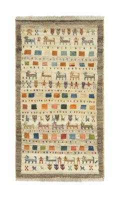 Alfombra tribal Gabbeh vintage en beige con motivos pictóricos en naranja by Rug & Kilim