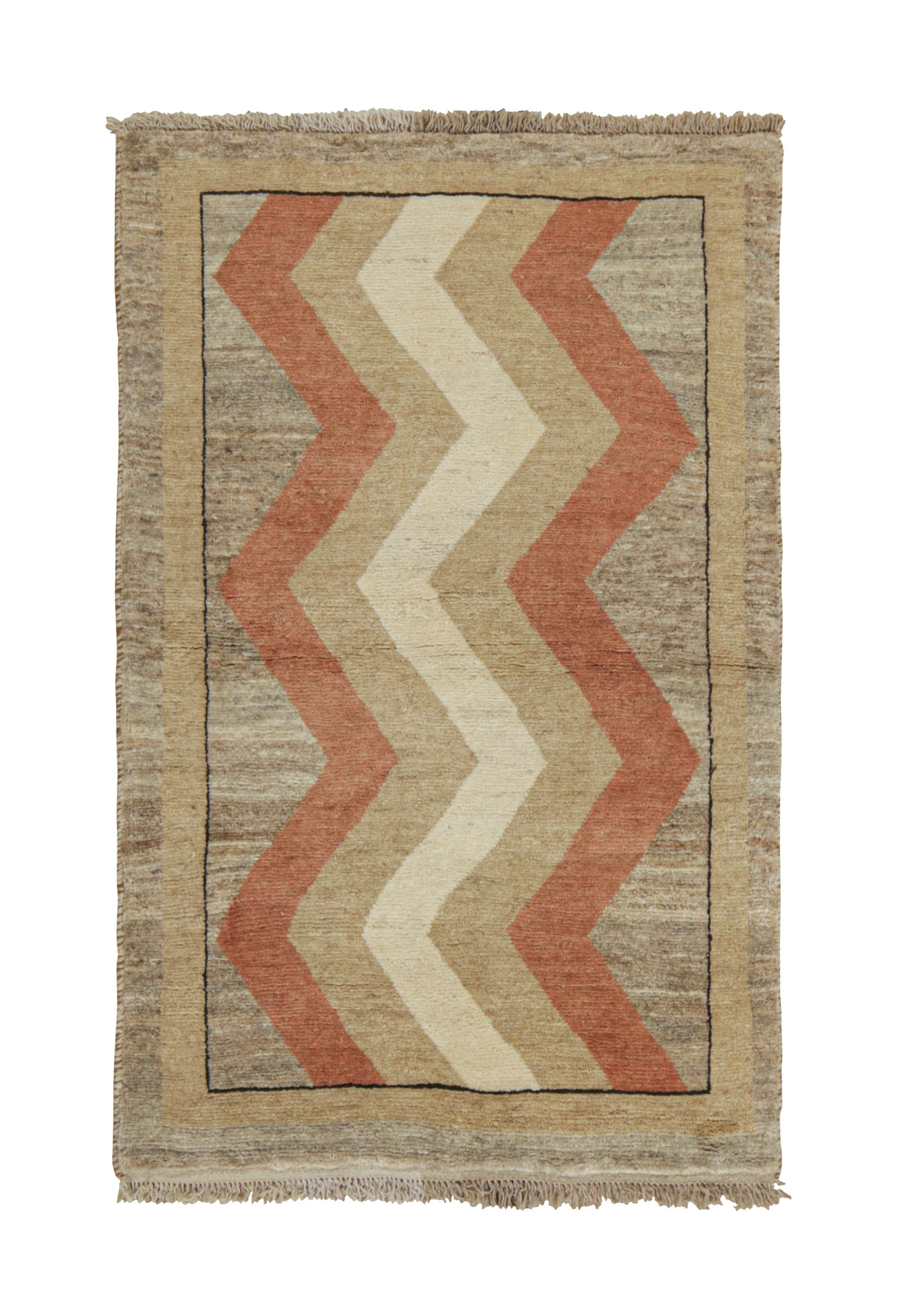 Vintage Gabbeh Rug in Beige-Brown and Red Chevron Patterns by Rug & Kilim For Sale