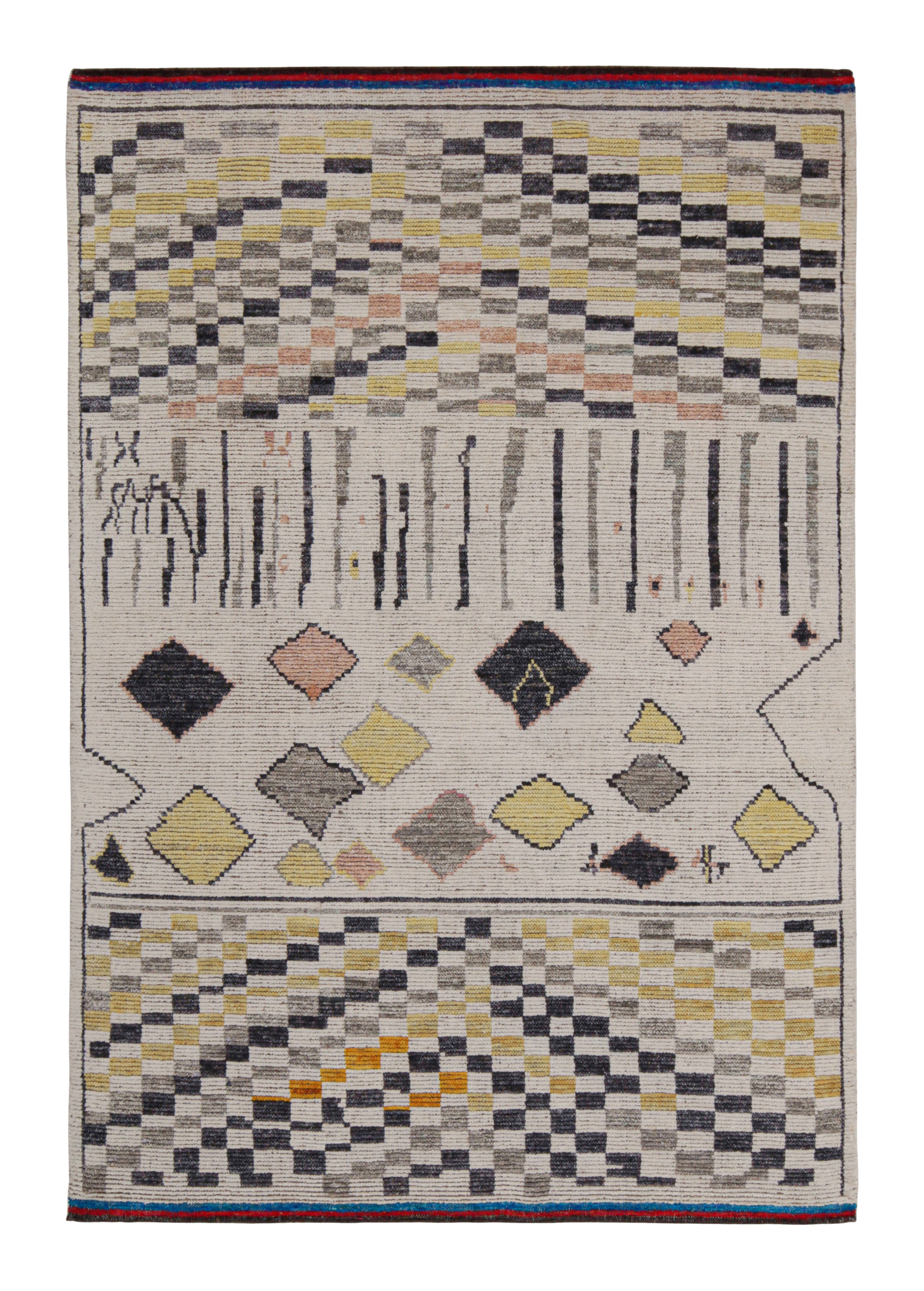 Rug & Kilim’s Moroccan Style Rug in White with Black and Gold Geometric Pattern For Sale