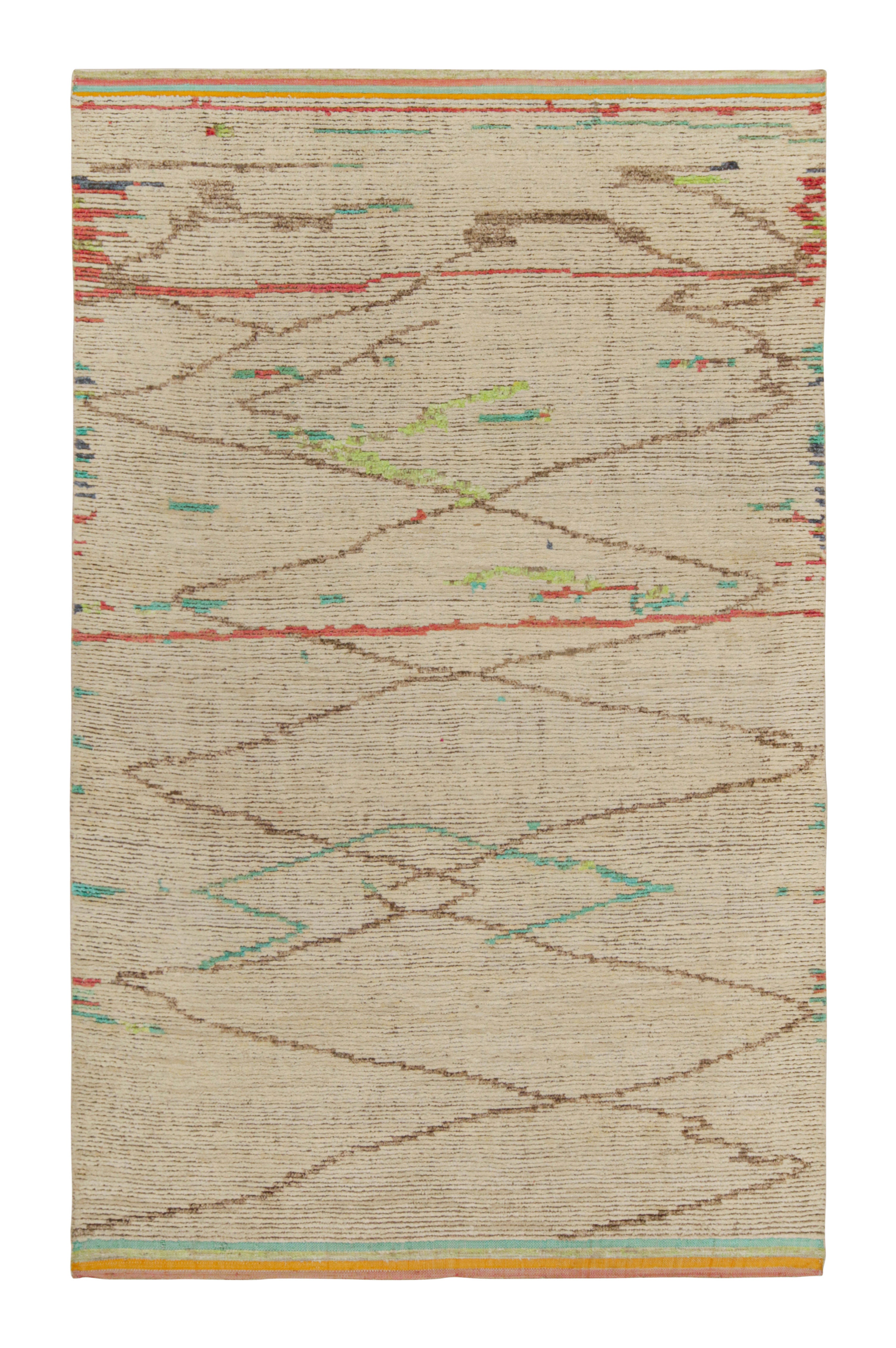 Rug & Kilim’s Moroccan style rug in Beige-Brown, Red and Green Geometric Pattern For Sale