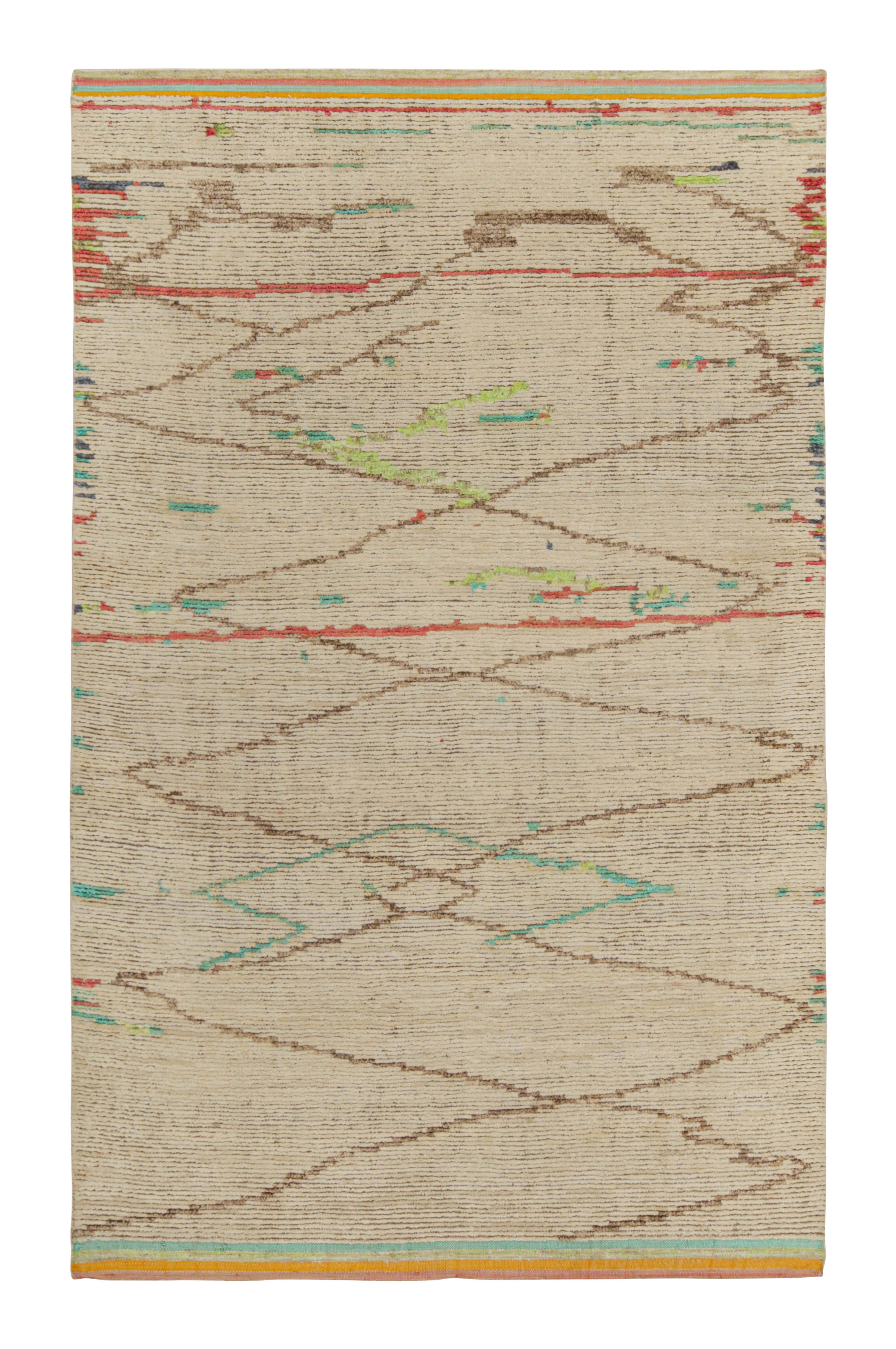 Rug & Kilim’s Moroccan style rug in Beige-Brown, Red and Green Geometric Pattern