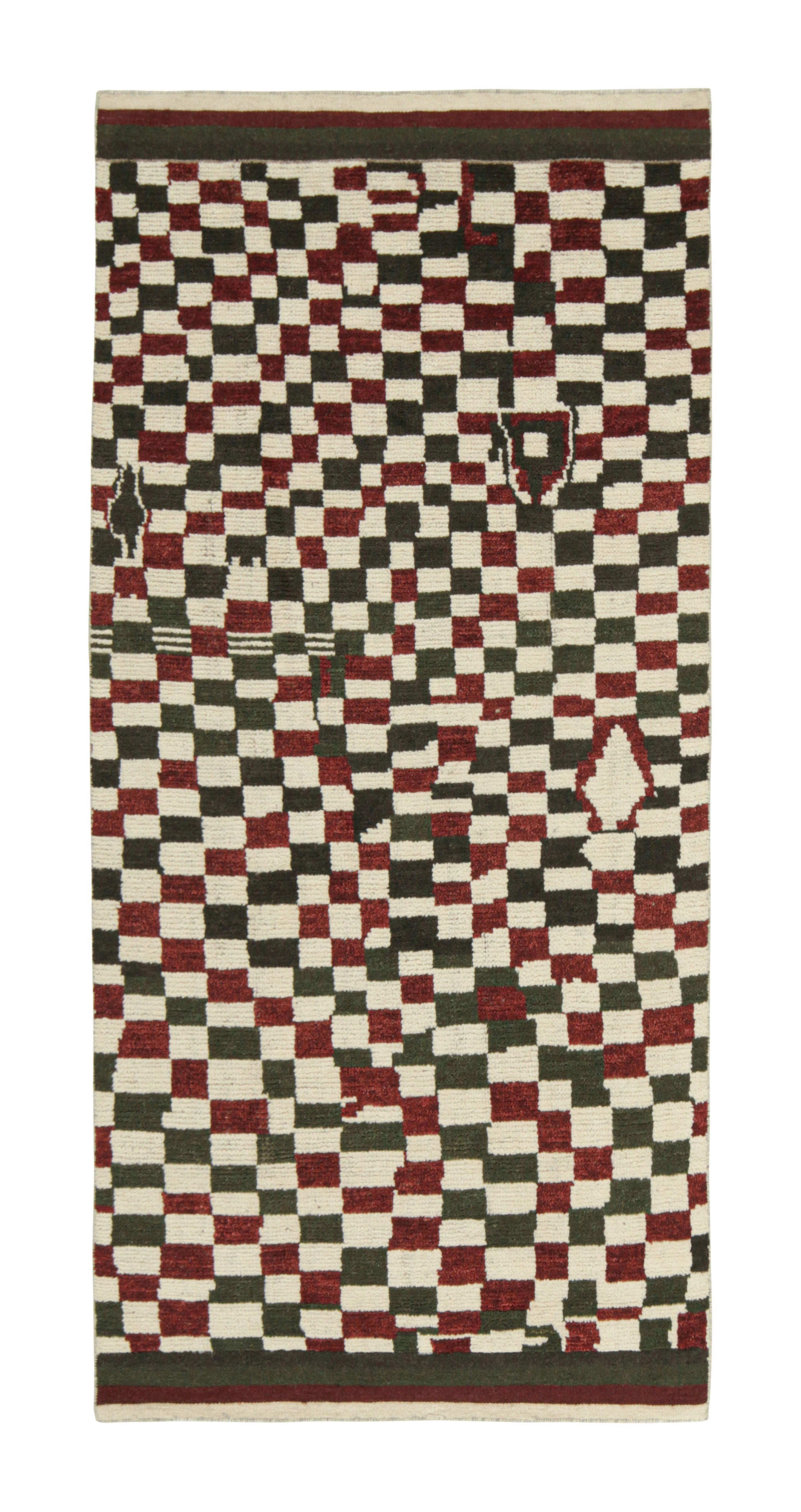Rug & Kilim’s Moroccan Style Rug in White, Red and Brown Checkered Pattern For Sale