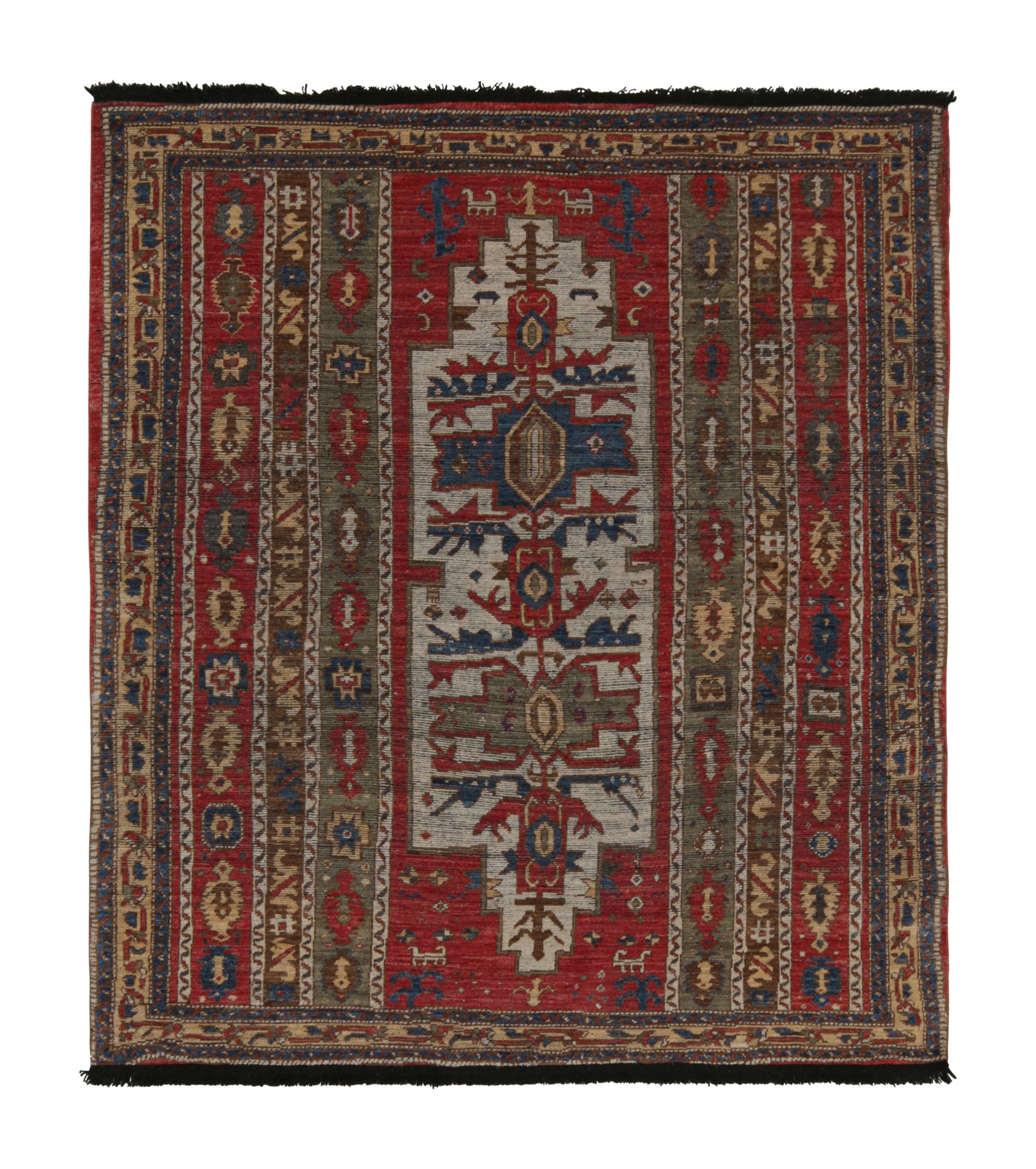 Rug & Kilim’s Tribal Style Rug in Red, Green and Blue Geometric Patterns For Sale