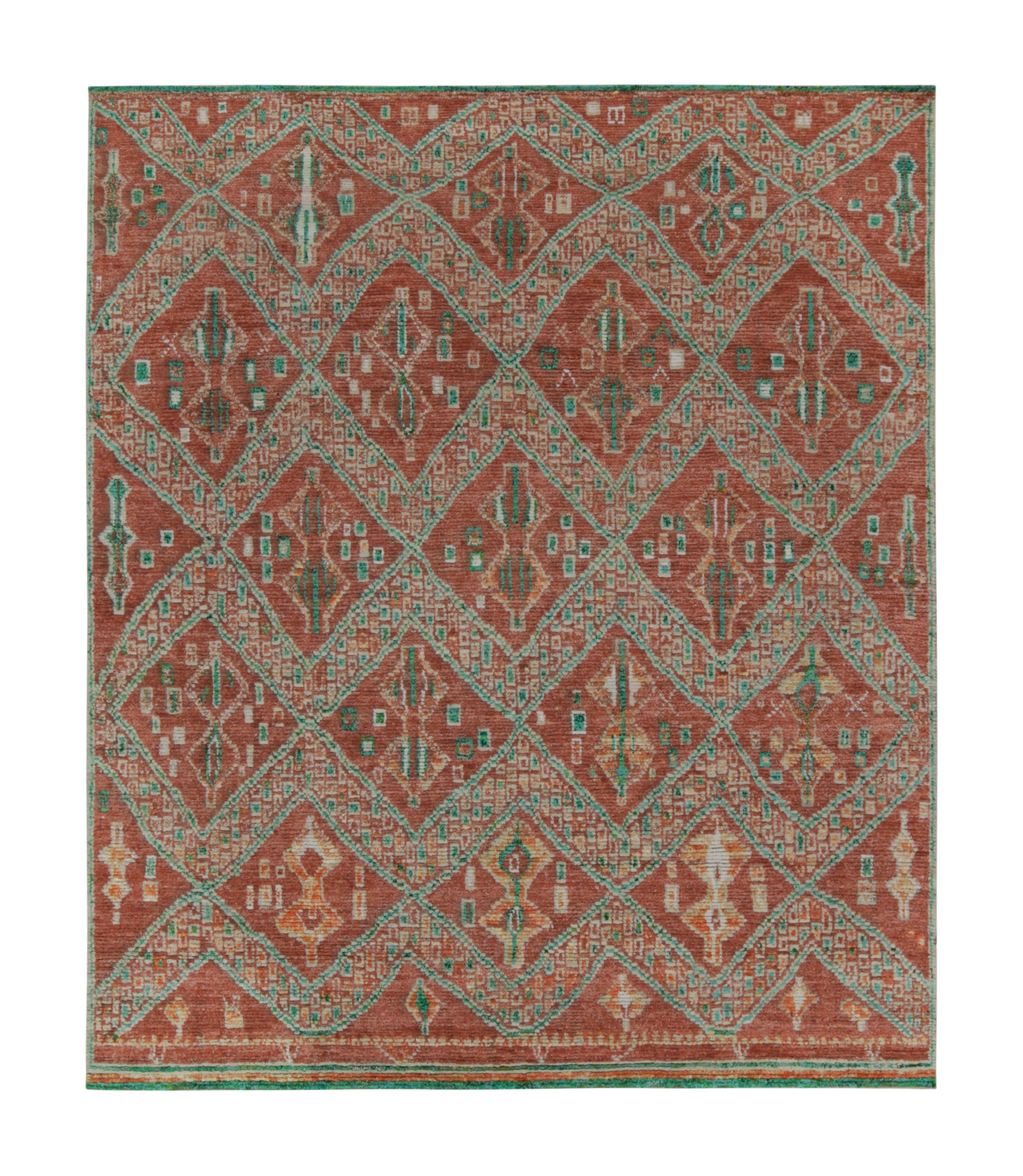 Rug & Kilim’s Moroccan Style Rug in Rust Red & Green Geometric Pattern For Sale