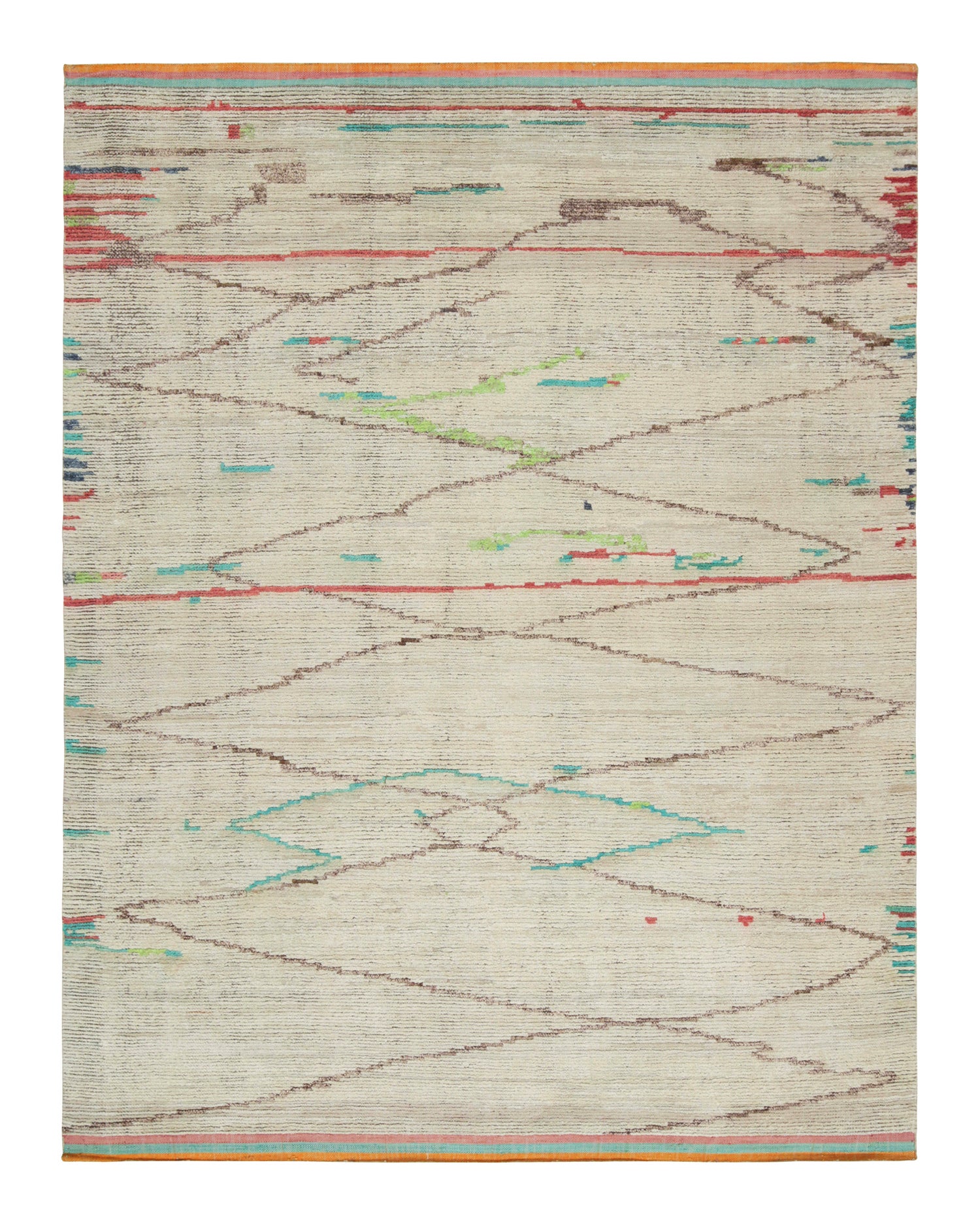 Rug & Kilim’s Moroccan style rug in Beige-Brown, Red and Green Geometric Pattern For Sale