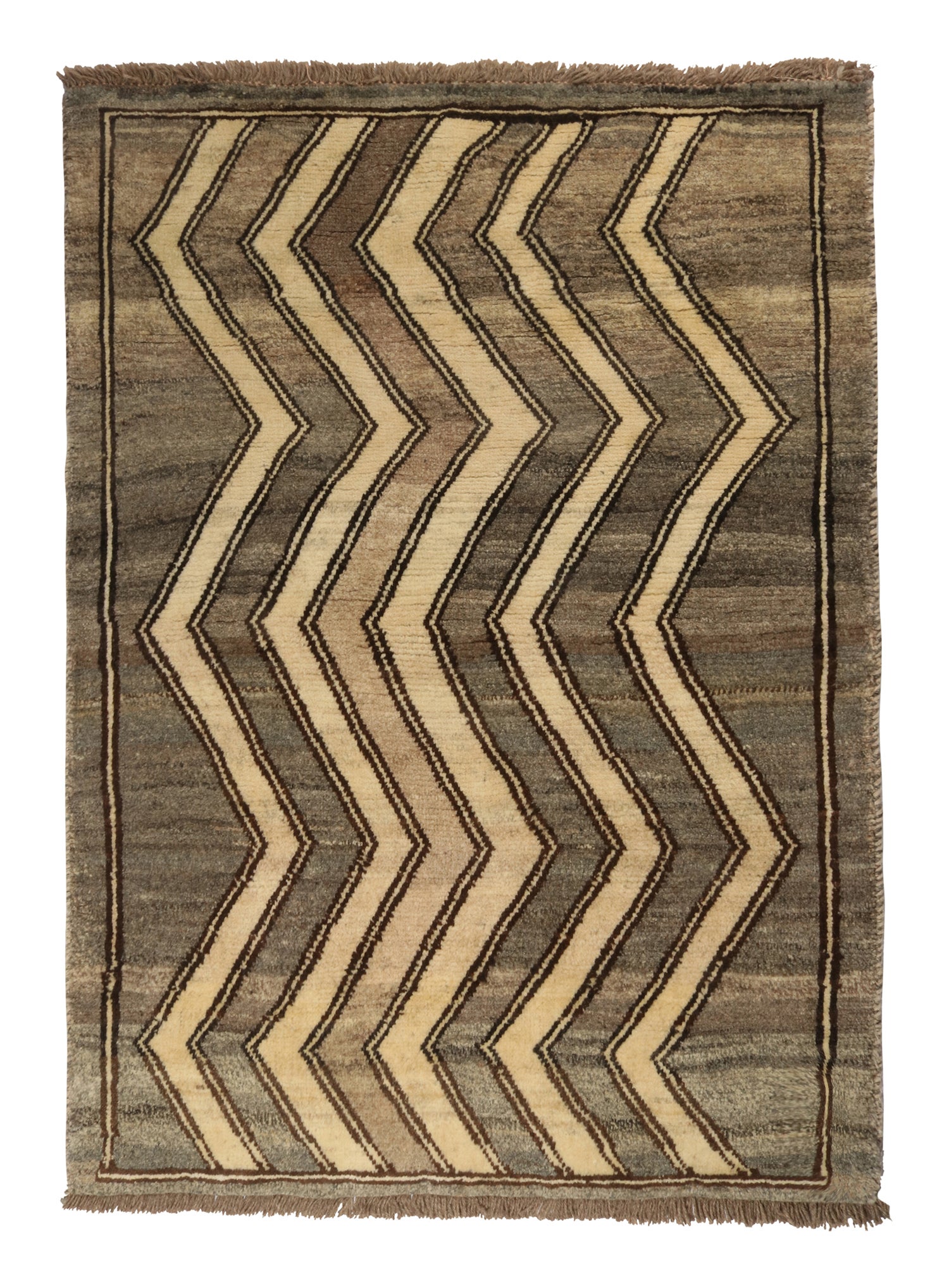 Vintage Gabbeh Rug in Gray and Beige-Brown Chevron Patterns by Rug & Kilim For Sale