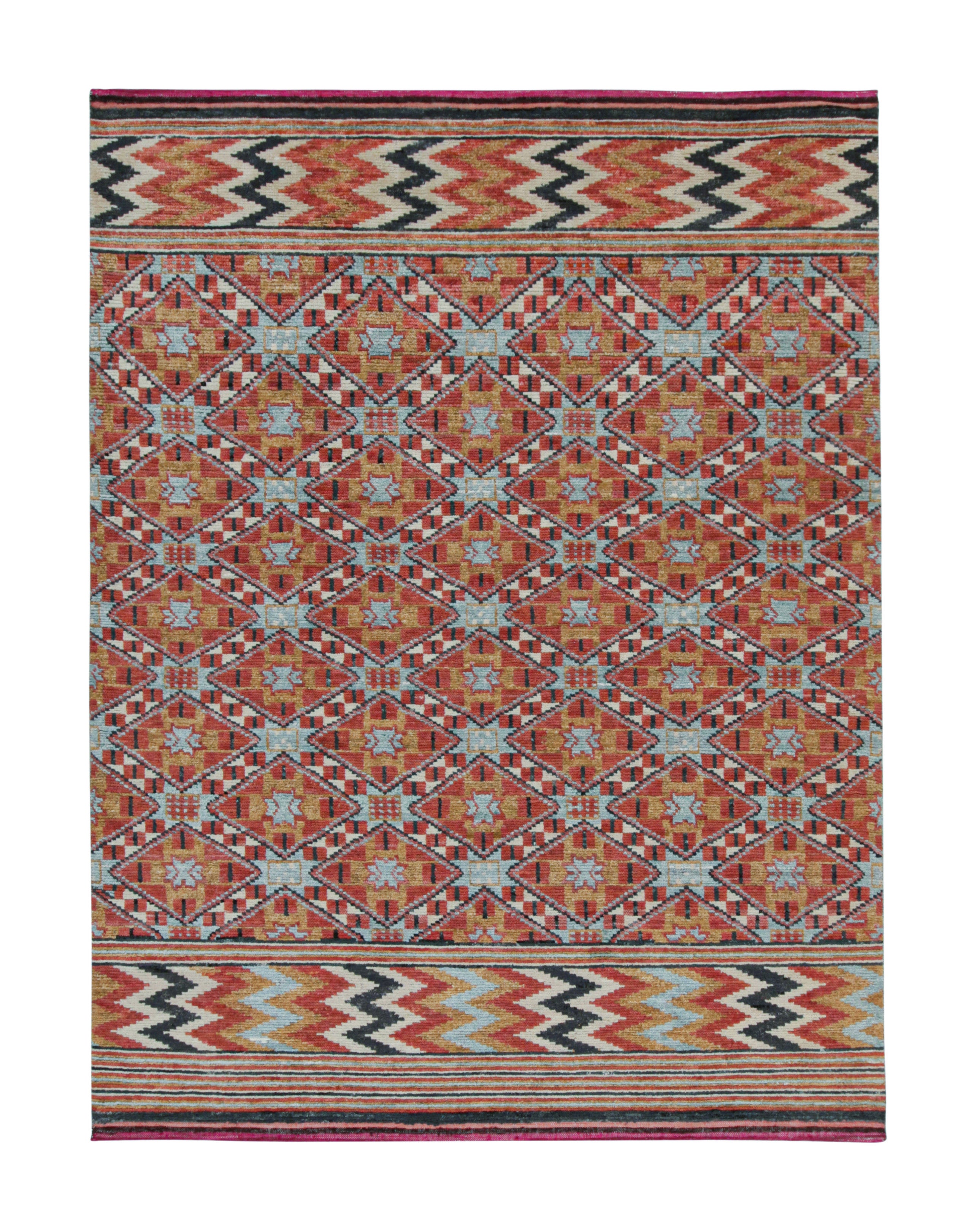 Rug & Kilim’s Moroccan Style Rug in Orange, Blue & Brown Geometric Pattern For Sale