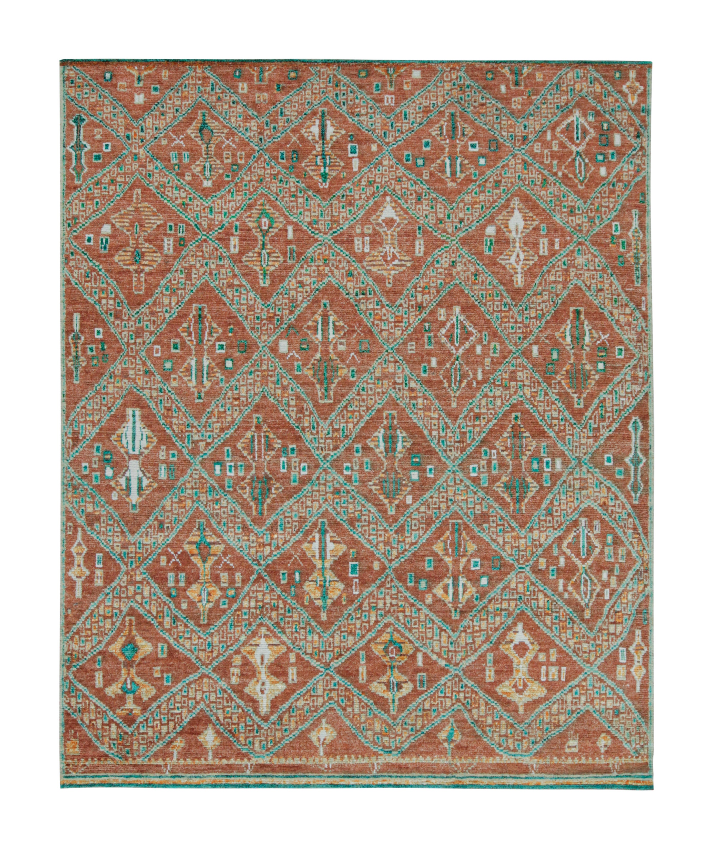 Rug & Kilim’s Moroccan Style Rug in Rust Red & Green Geometric Pattern For Sale