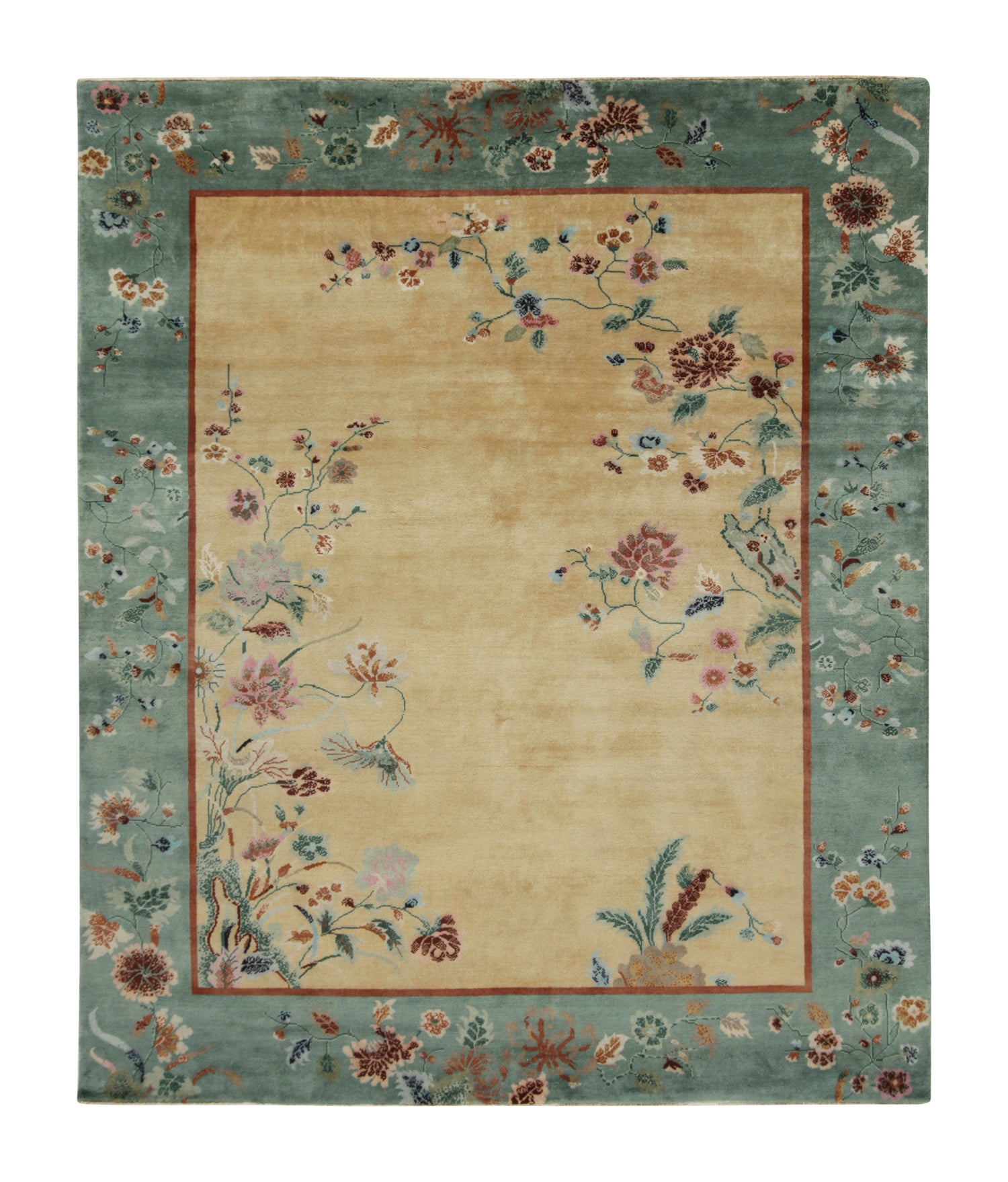Rug & Kilim’s Chinese Style Art Deco Rug in Gold with Multicolor Floral Patterns For Sale