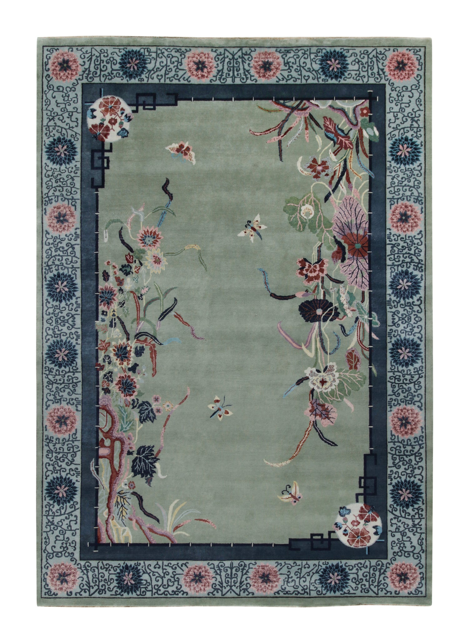Rug & Kilim’s Chinese Style Art Deco Rug in Green with Blue Floral Patterns For Sale