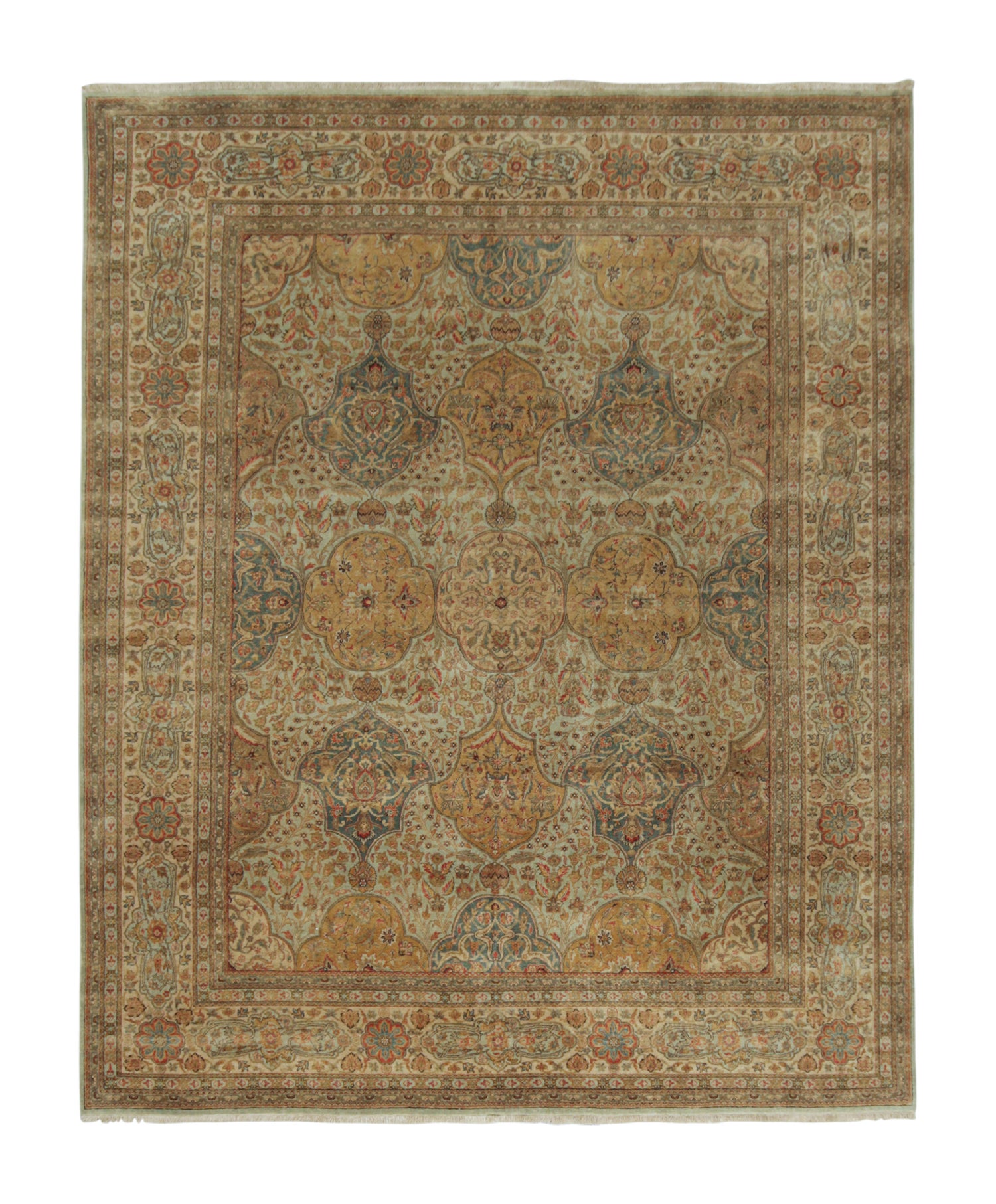Rug & Kilim’s Classic style rug with Gold, Beige and Green Floral patterns