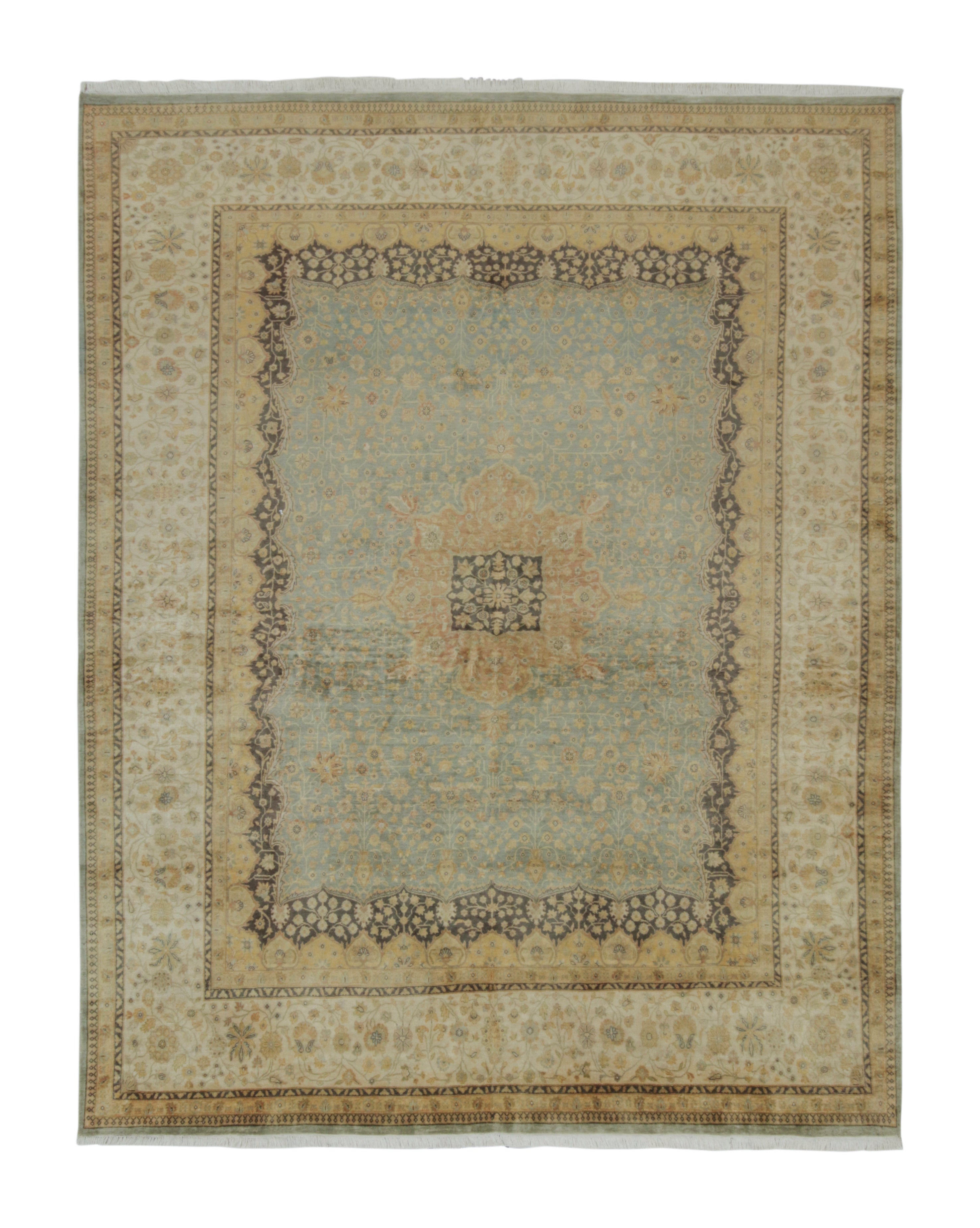 Rug & Kilim’s Mohtasham Style Rug in Blue with Gold Medallion and Beige Florals For Sale