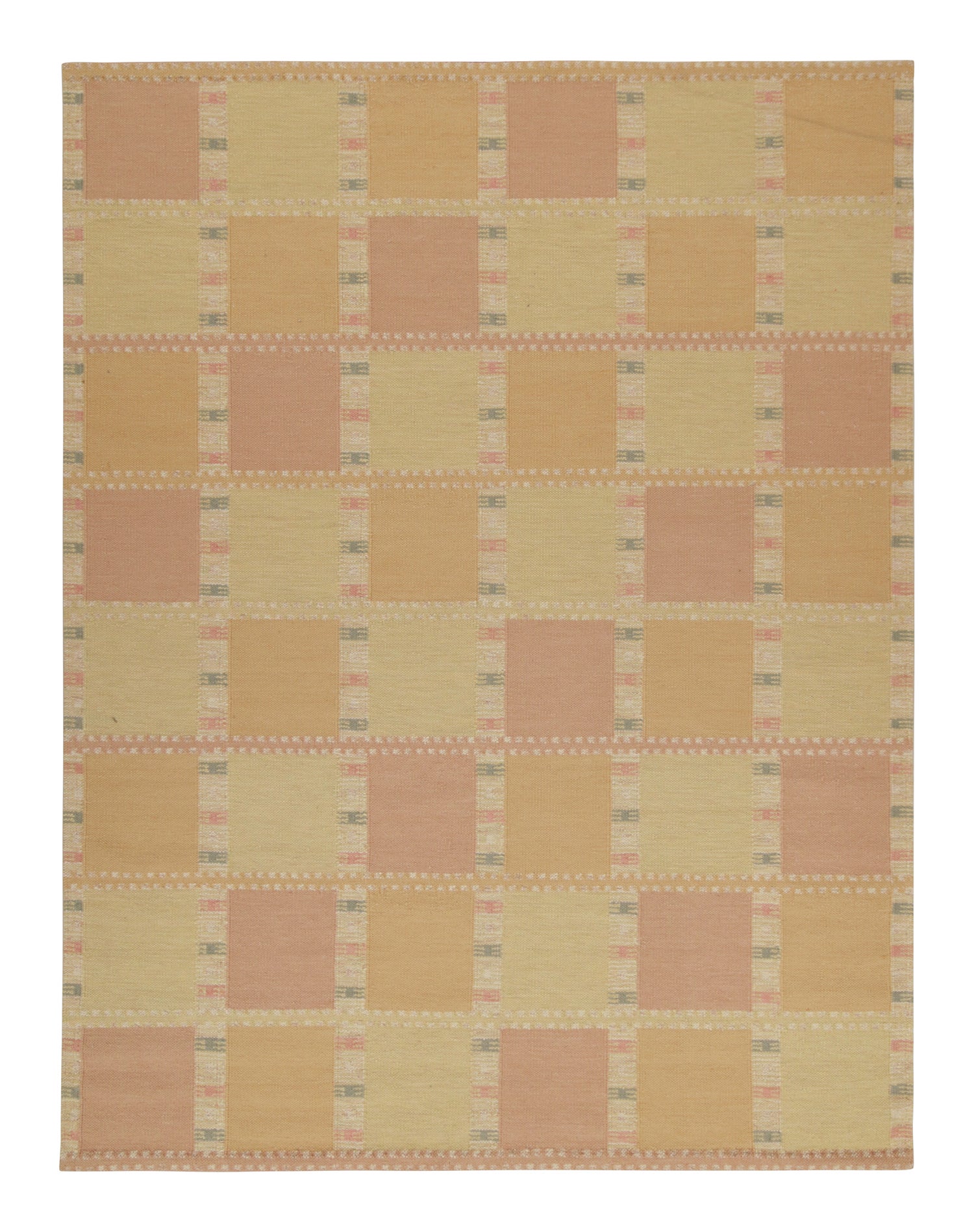 Rug & Kilim’s Scandinavian Style Kilim in Gold and Pink Geometric Pattern For Sale