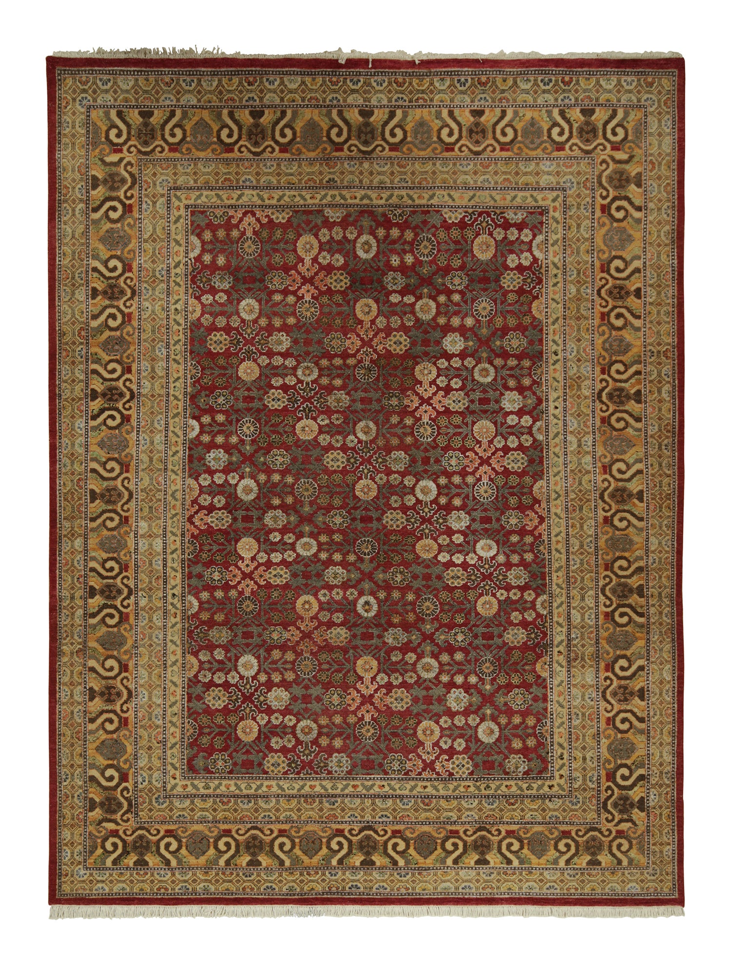 Tapis de style Khotan de Rug & Kilim en marron et or avec des motifs floraux en vente