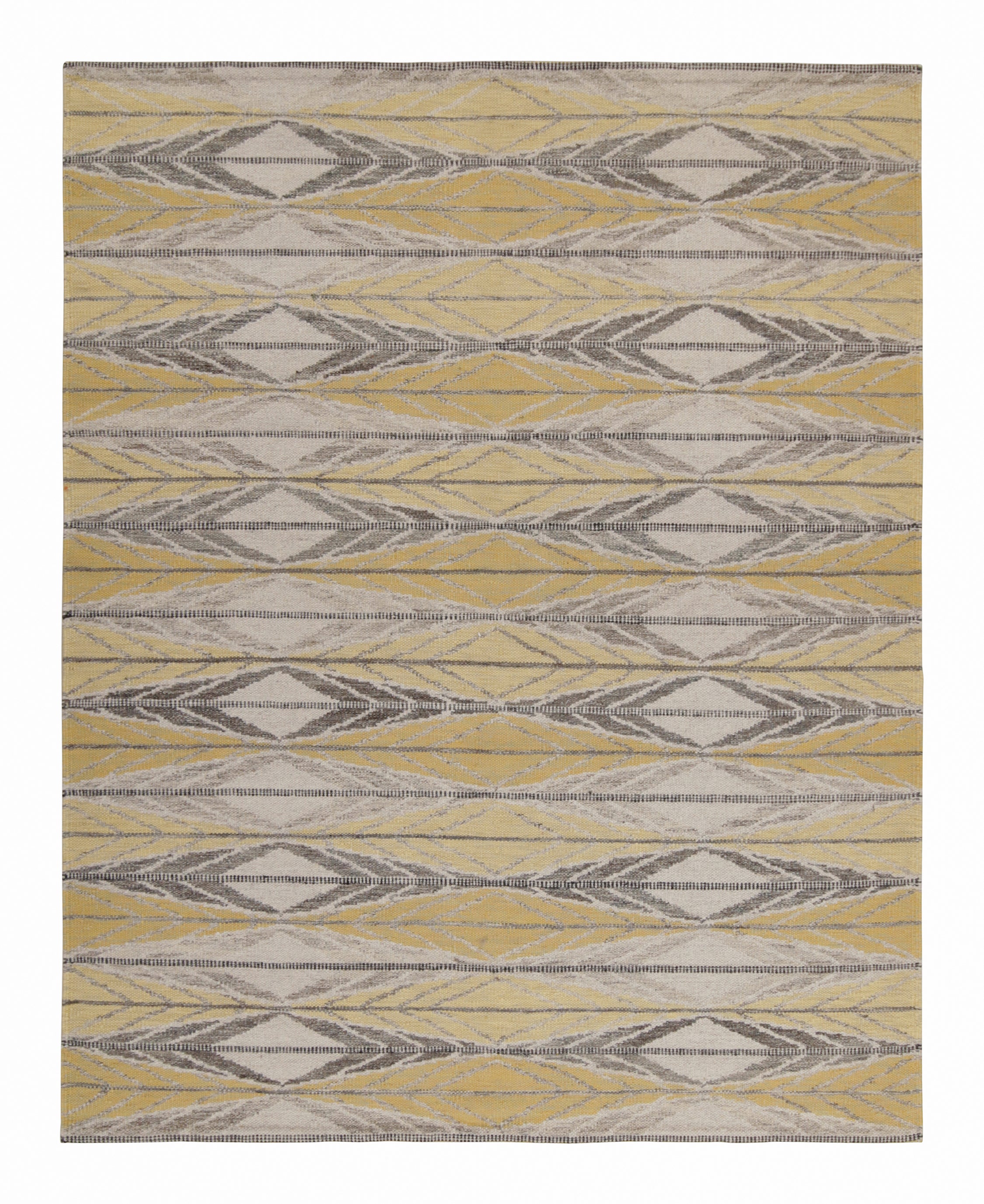Rug & Kilim’s Scandinavian Style Custom Kilim in Gold & Gray Geometric Pattern For Sale