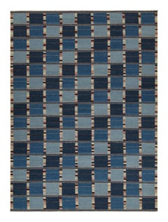 Rug & Kilim’s Scandinavian Style Kilim in Blue and Beige-Brown Geometric Pattern