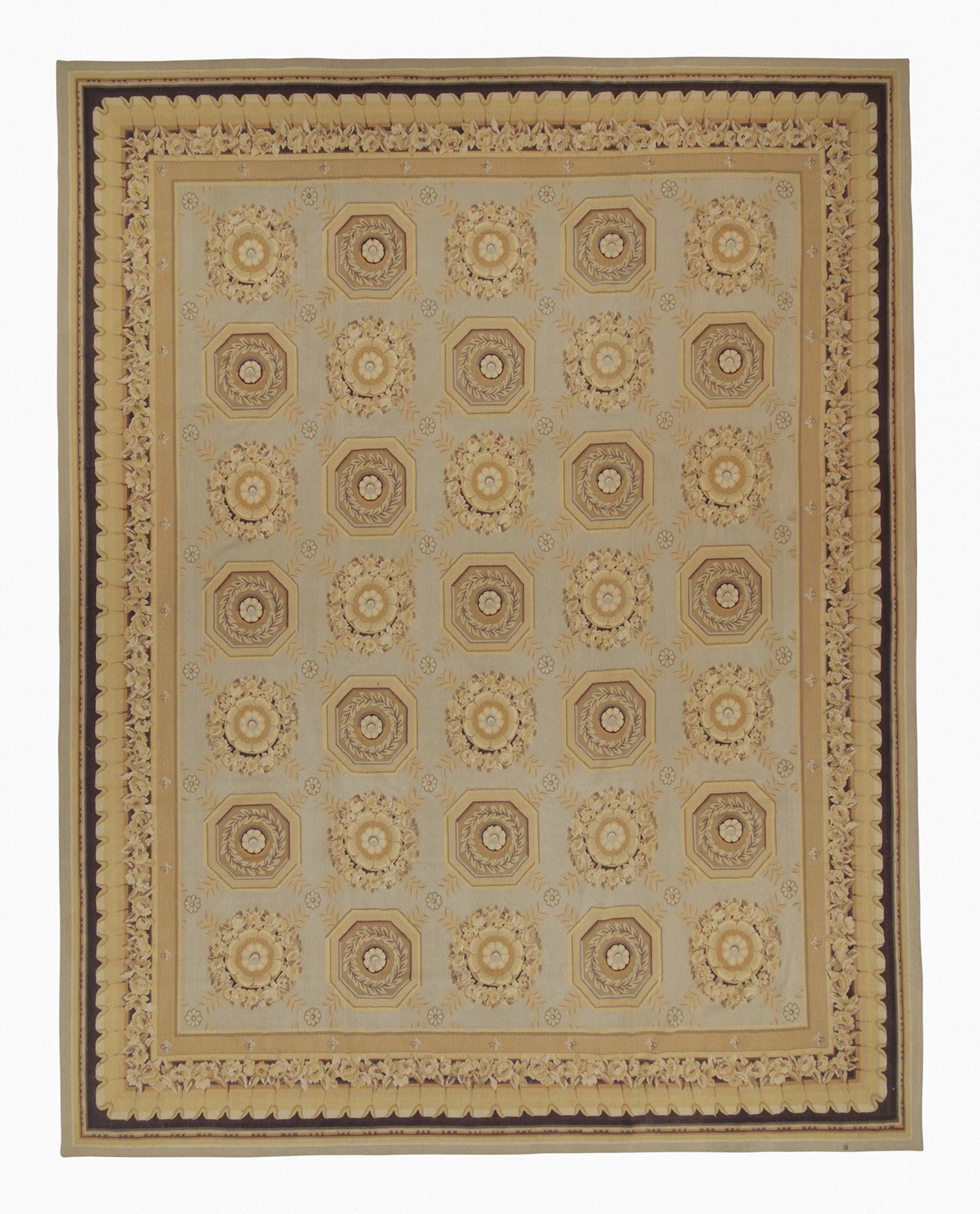 Rug & Kilim’s Aubusson Style Flat Weave in Gray, Beige and Gold Floral Pattern For Sale