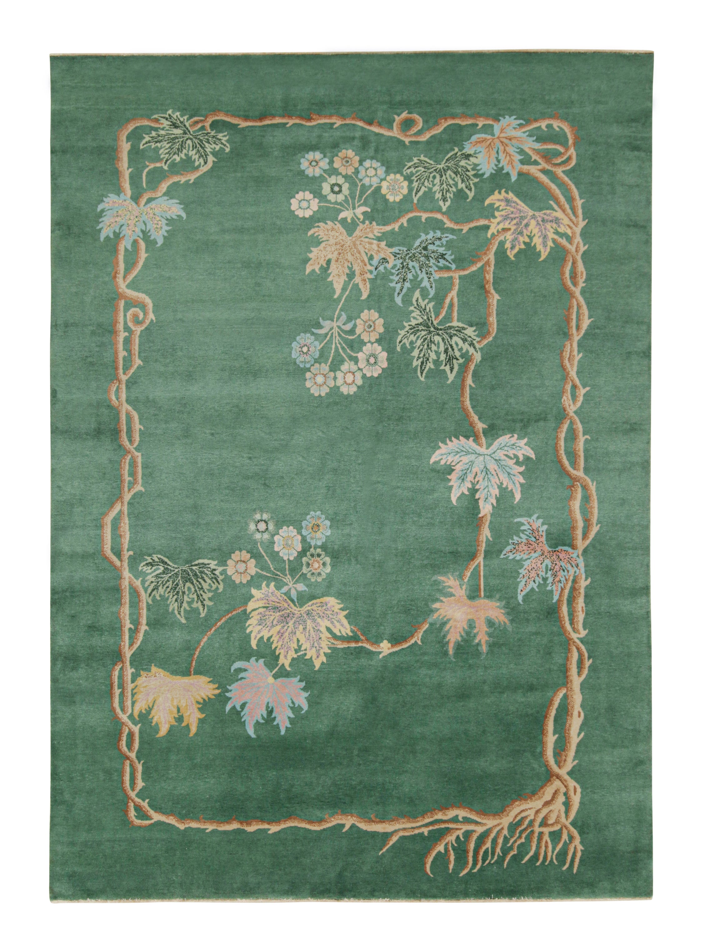 Rug & Kilim's Chinese Art Deco Style Rug in Green with Floral Patterns For Sale