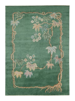 Rug & Kilim's Chinese Art Deco Style Rug in Green with Floral Patterns