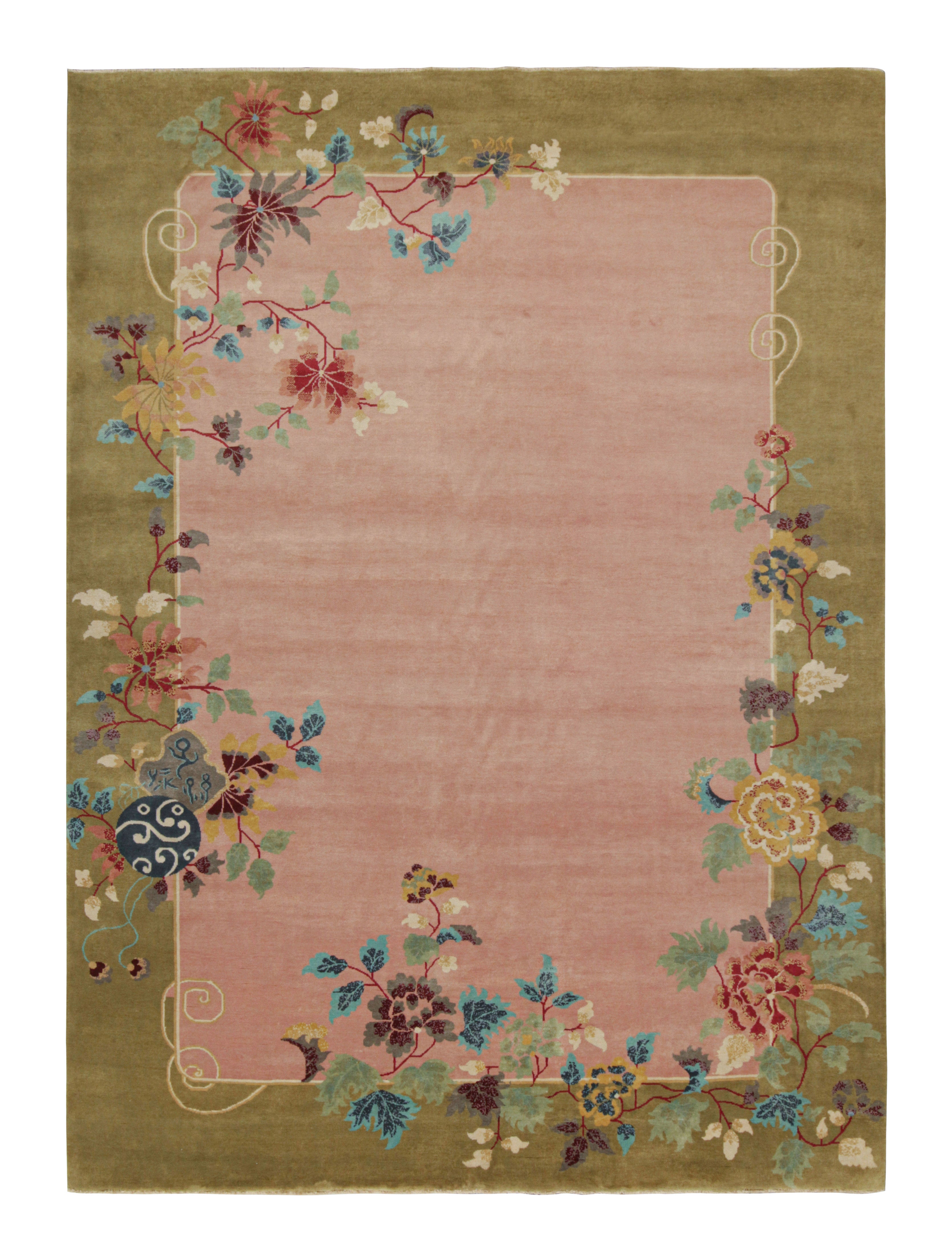 Rug & Kilim’s Chinese Style Art Deco rug in Pink & Green with Colorful Florals