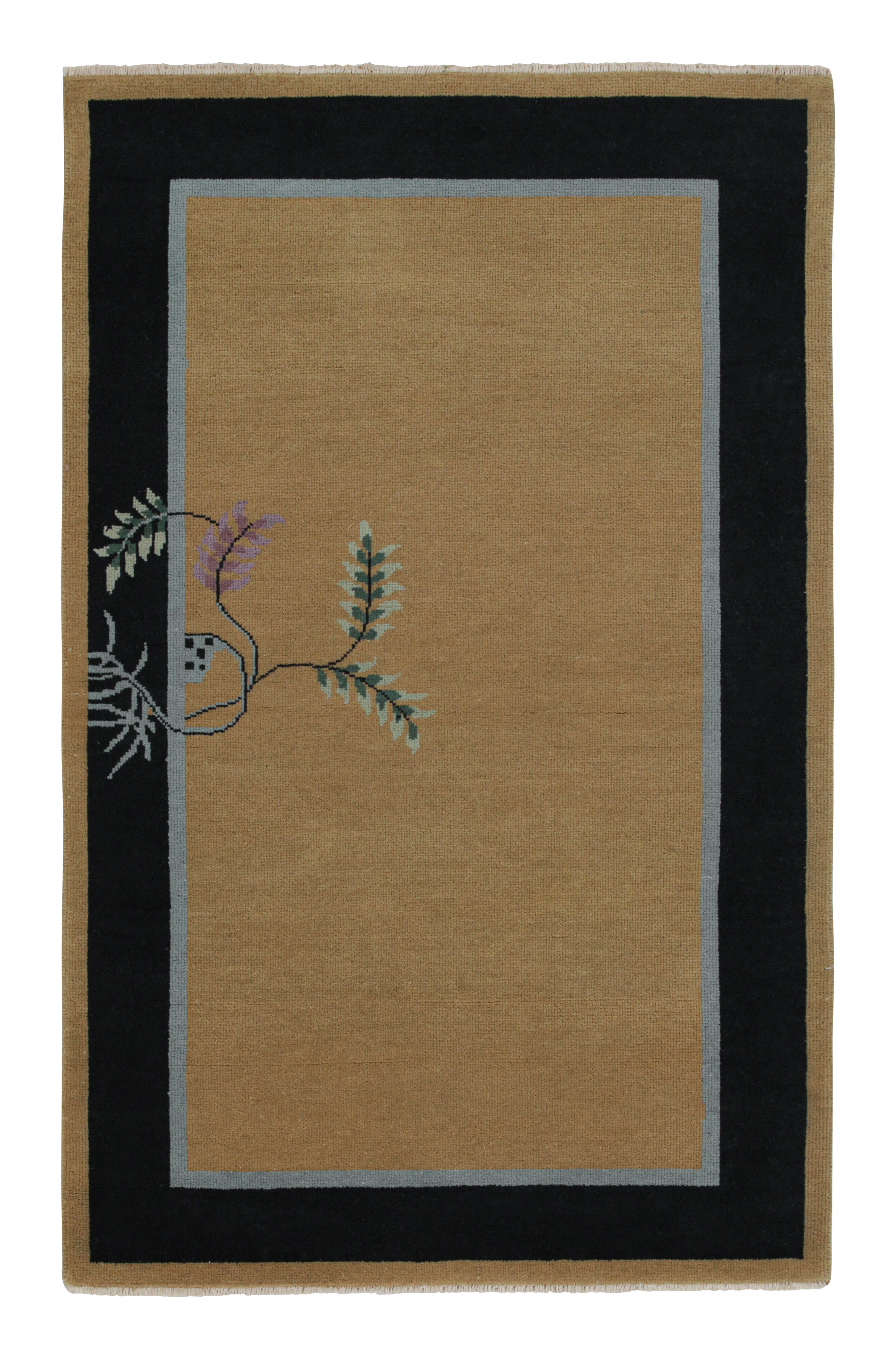 Rug & Kilim’s Chinese Art Deco Style Rug with Camel Field and Blue Border For Sale