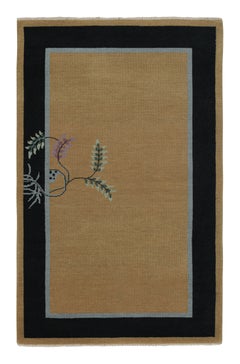 Rug & Kilim's Chinese Art Deco Style Rug with Camel Field and Blue Border (Tapis chinois de style art déco avec champ camel et bordure bleue)