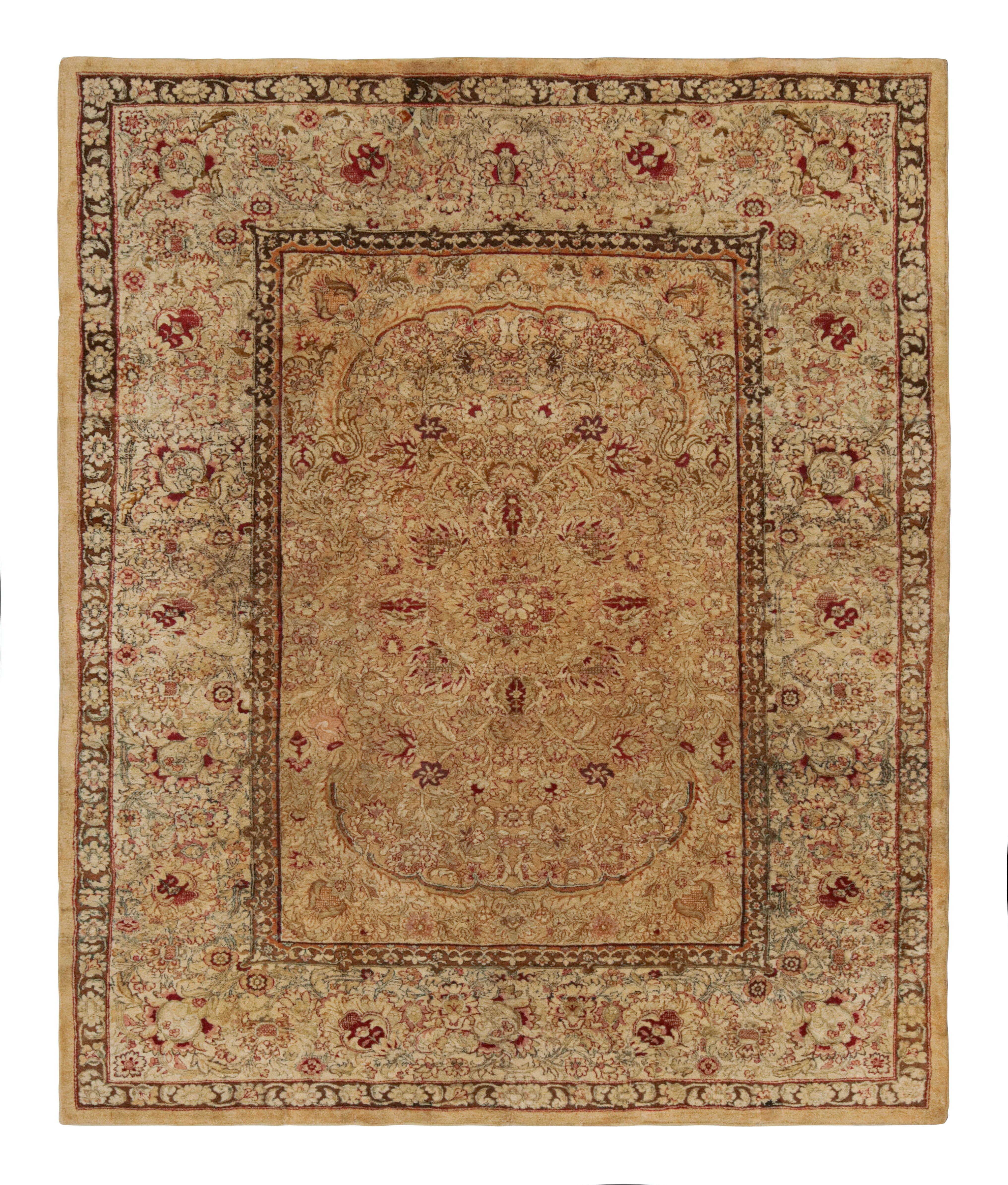 Antique Agra Rug in Gold and Brown with Floral Patterns