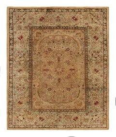 Antique Agra Rug in Gold and Brown with Floral Patterns