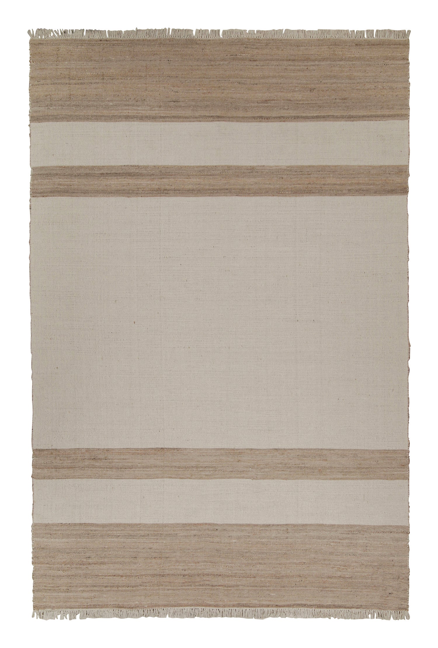 Rug & Kilim's Contemporary Jute Kilim in White and Beige-Brown Stripes (Kilim de jute contemporain à rayures blanches et beige-brun)