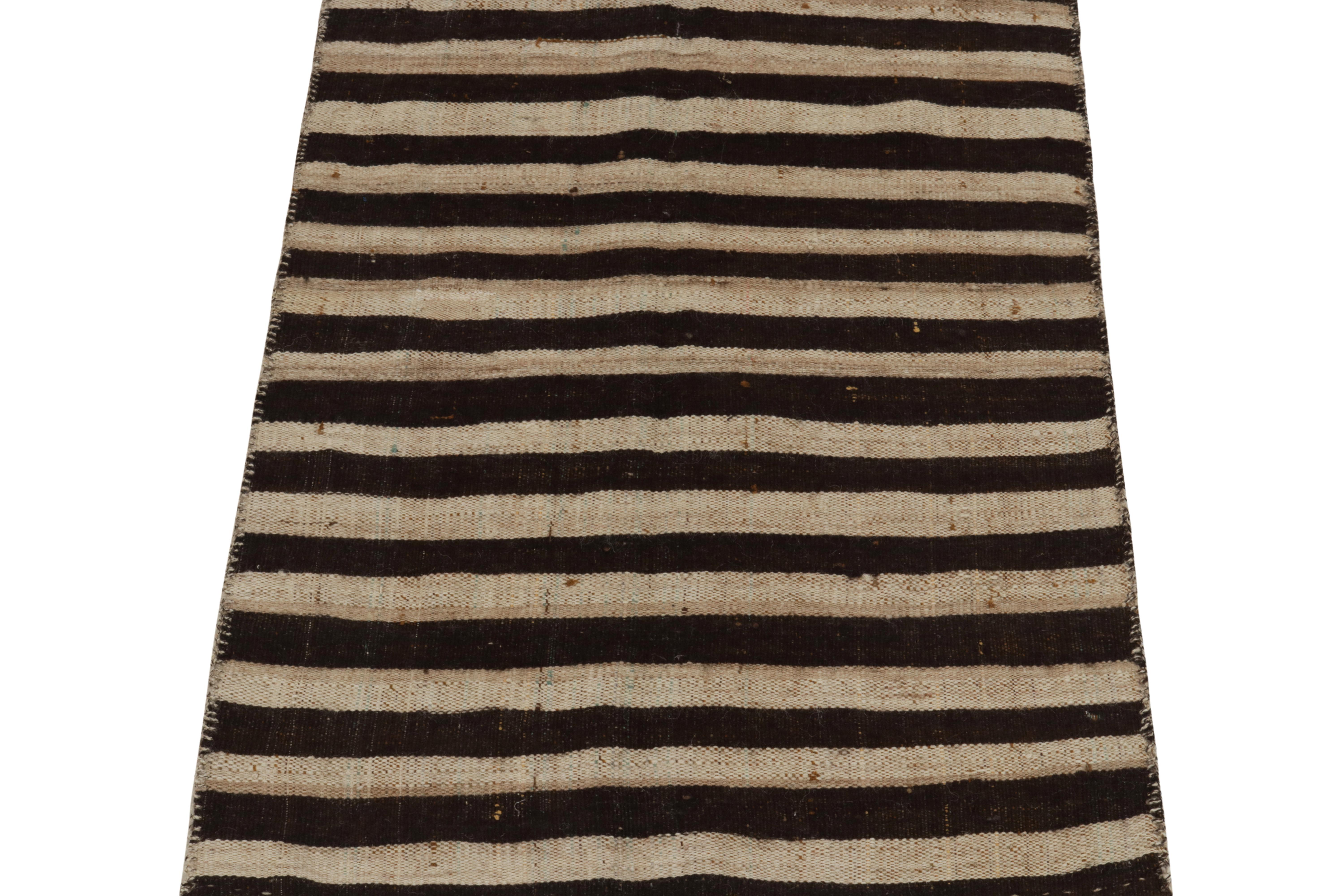 Hand-Knotted Modern Kilim runners in Beige-Brown & Black Stripe Patterns, set by Rug & Kilim For Sale
