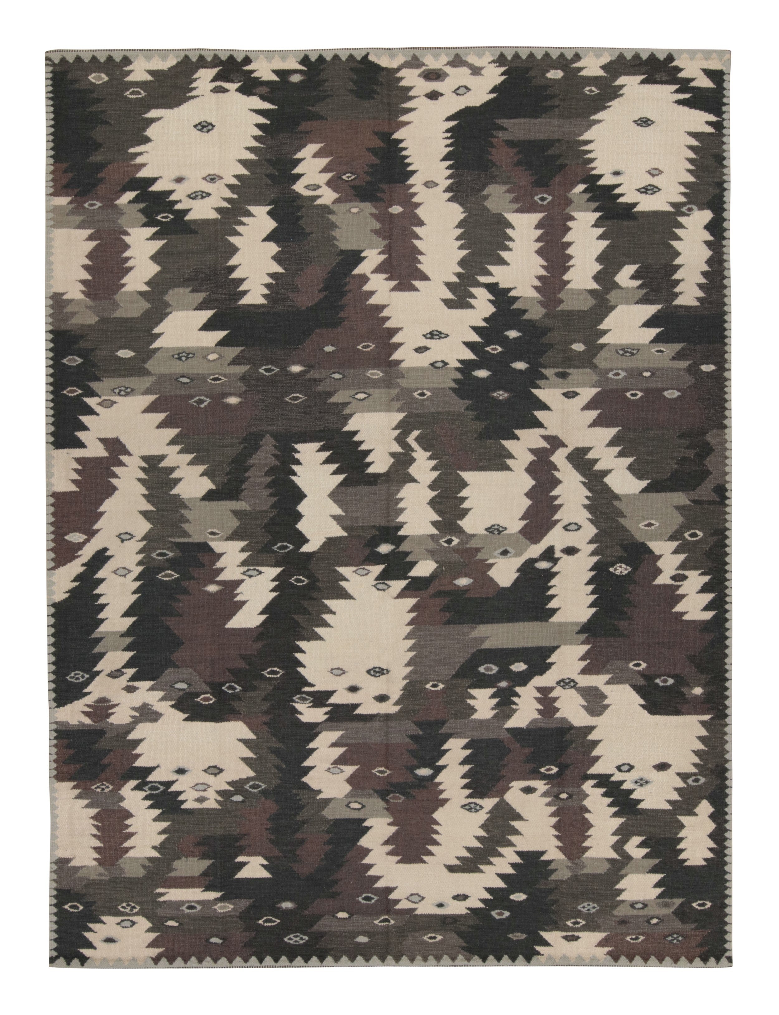 Rug & Kilim's Teppich im skandinavischen Stil, anthrazitfarbene Töne in geometrischen Mustern