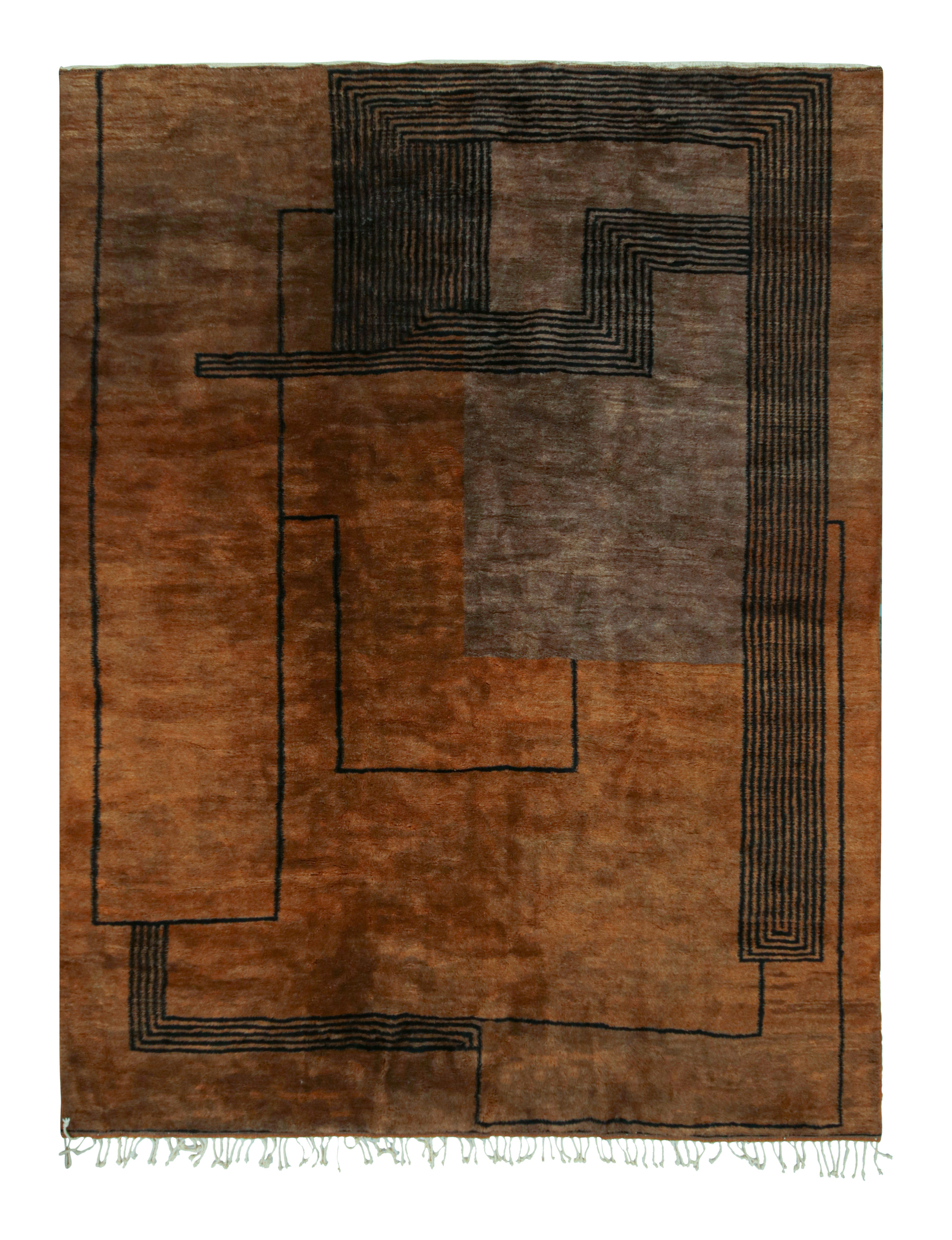 Rug & Kilim’s Moroccan Rug in Brown with Black Art Deco style Geometric Pattern
