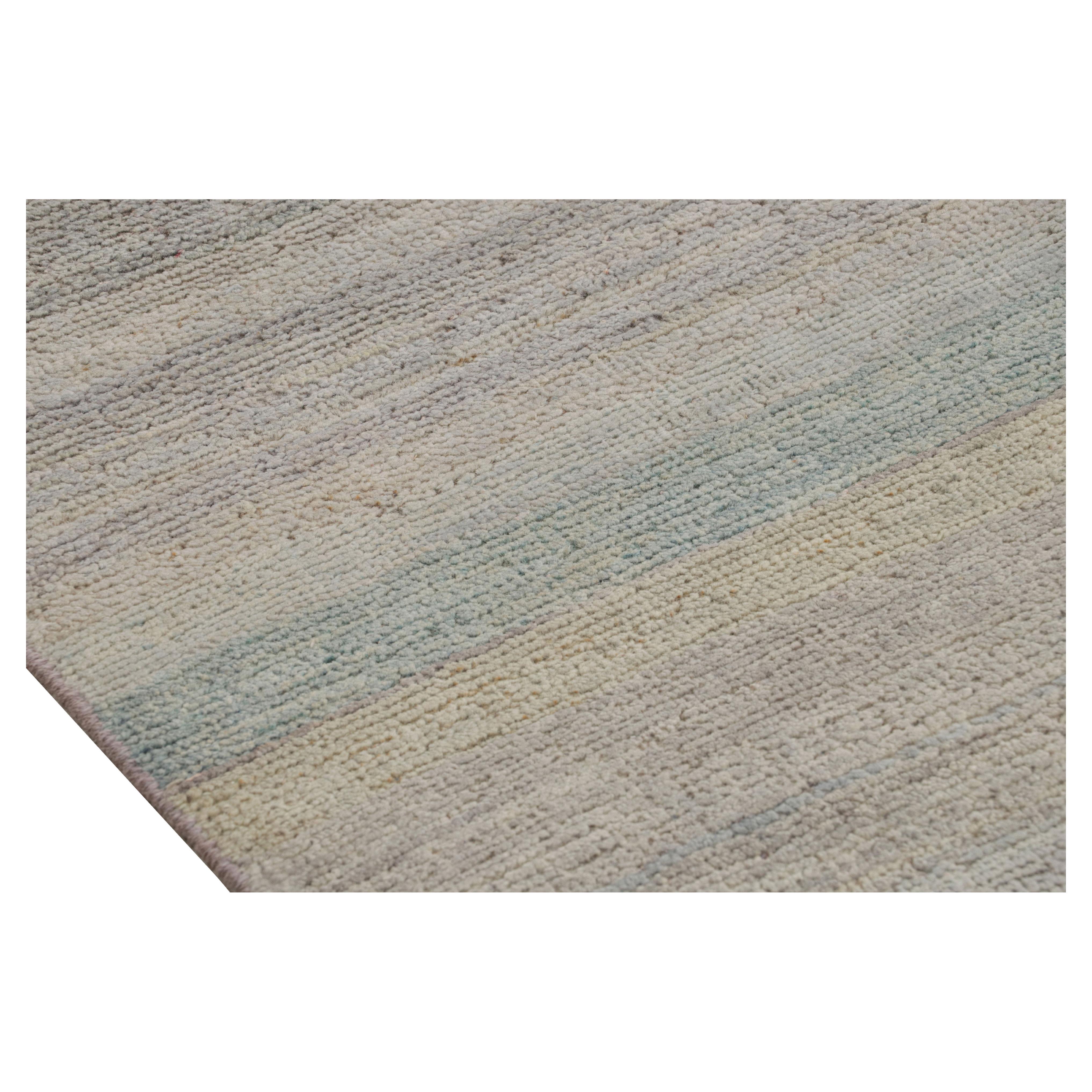 Rug & Kilim’s Textural Rug in Beige and Light Blue Stripes and Striae