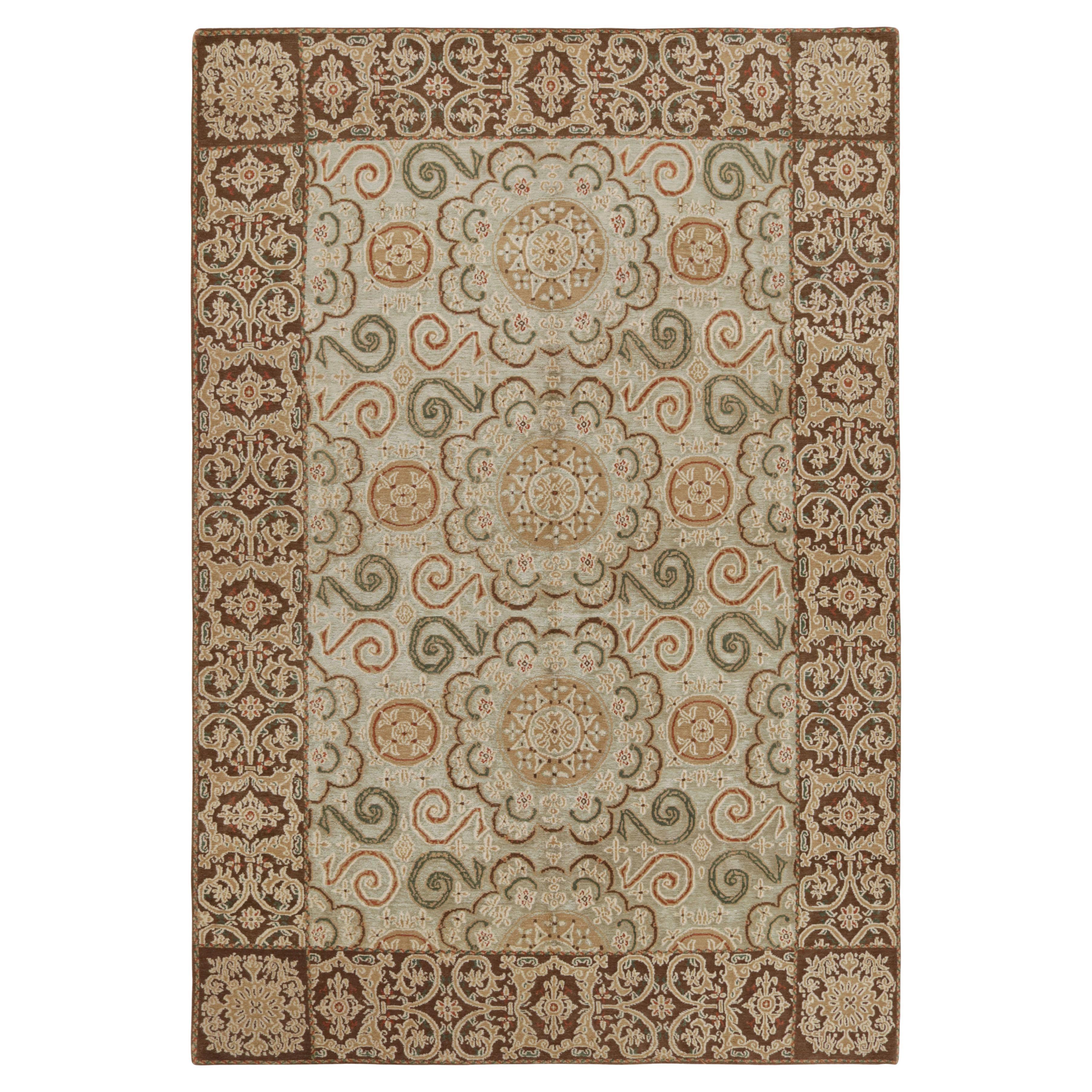 Rug & Kilim's European Style Rug Beige-Brown Green Wool Silk Custom Floral For Sale