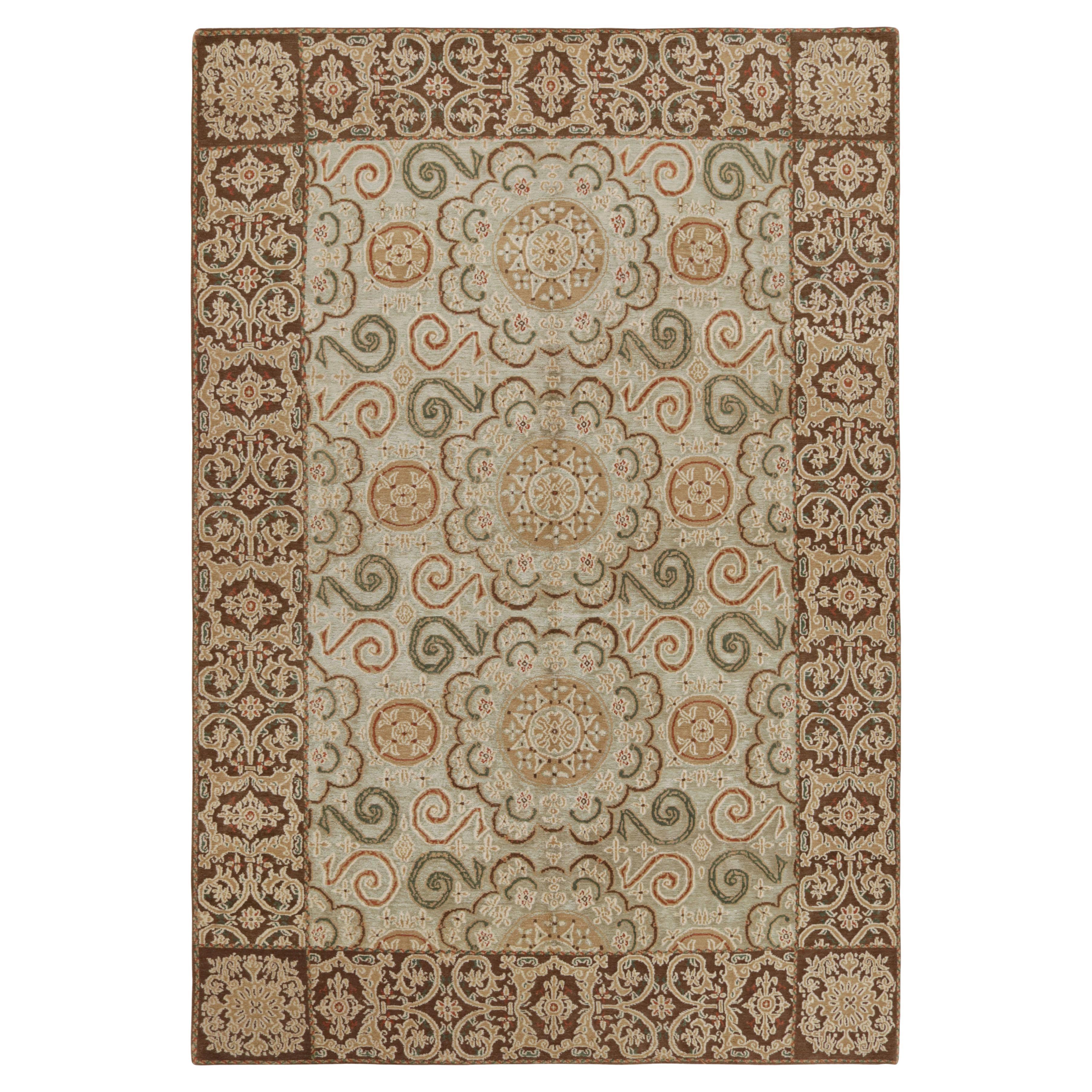 Rug & Kilim's European Style Rug Beige-Brown Green Wool Silk Custom Floral For Sale