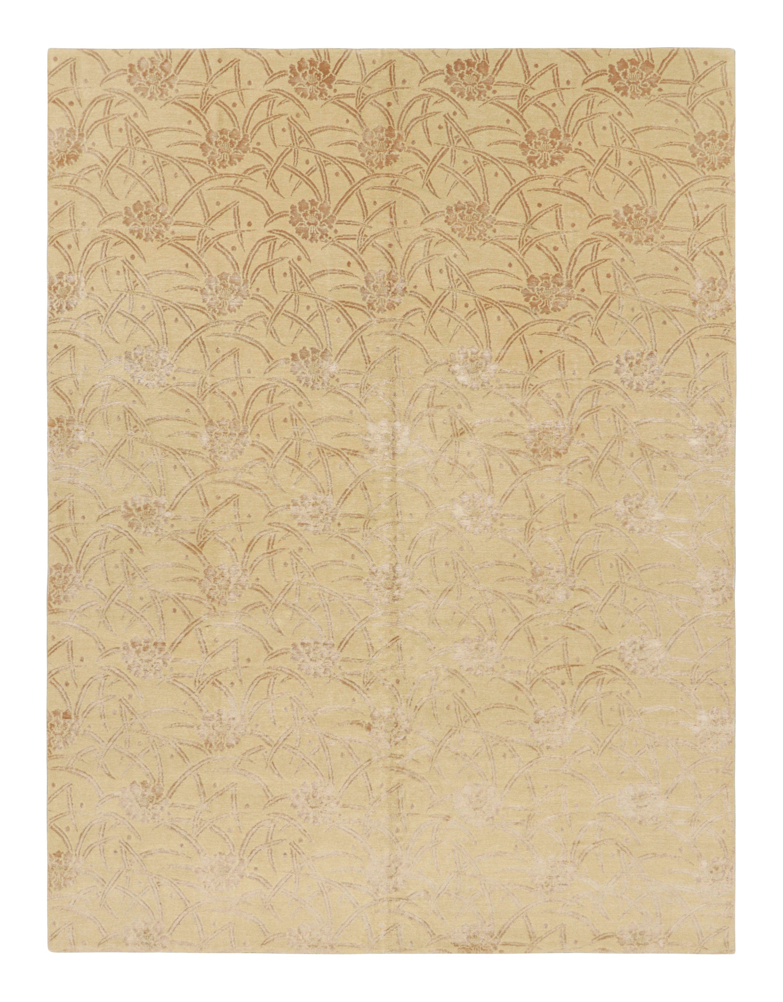Rug & Kilim's Custom Geometric Floral Beige Brown and Gold Wool and Silk Rug