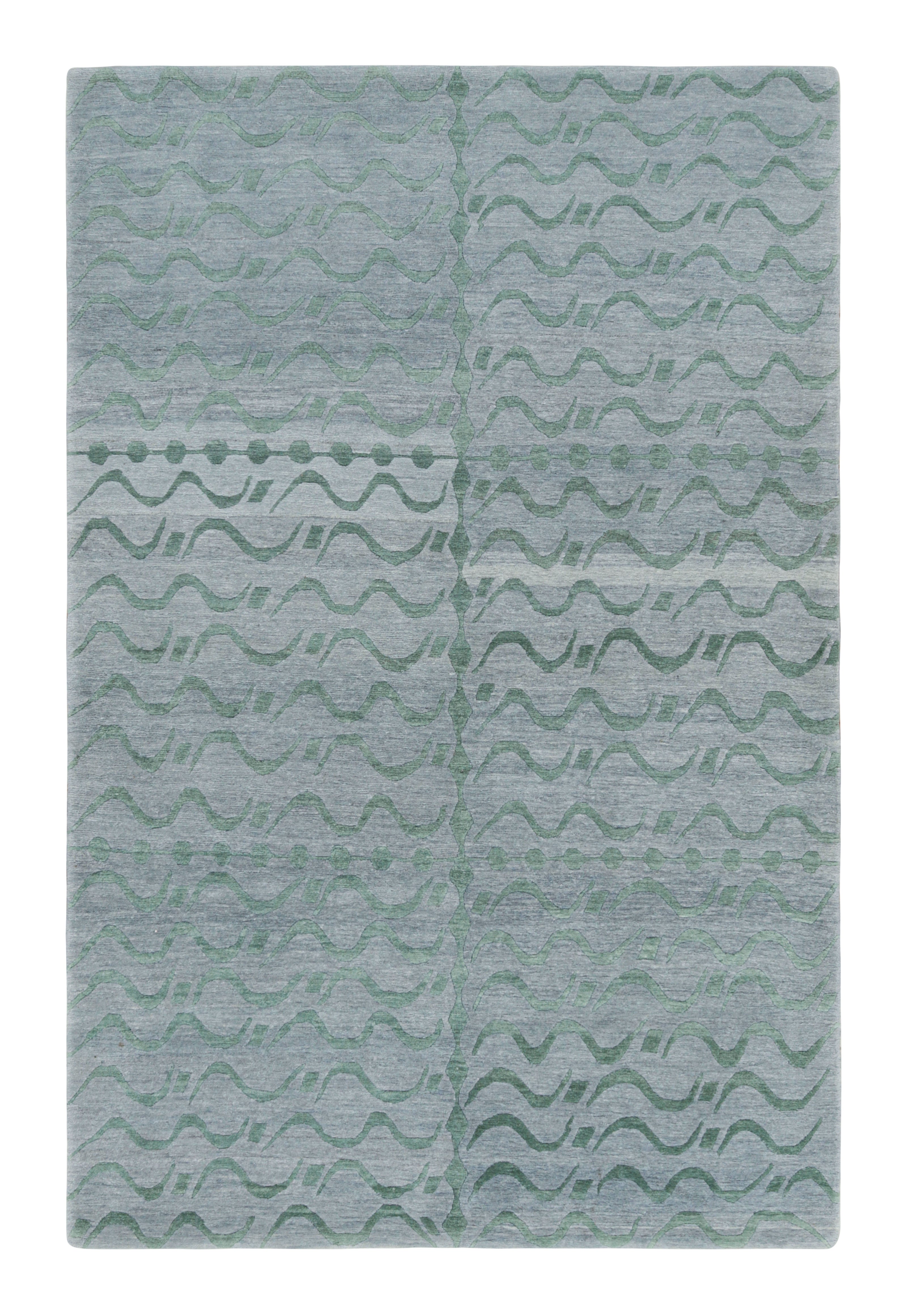 Rug & Kilim’s Modern Rug, Silver-Gray with Green Geometric Patterns “Youngste”