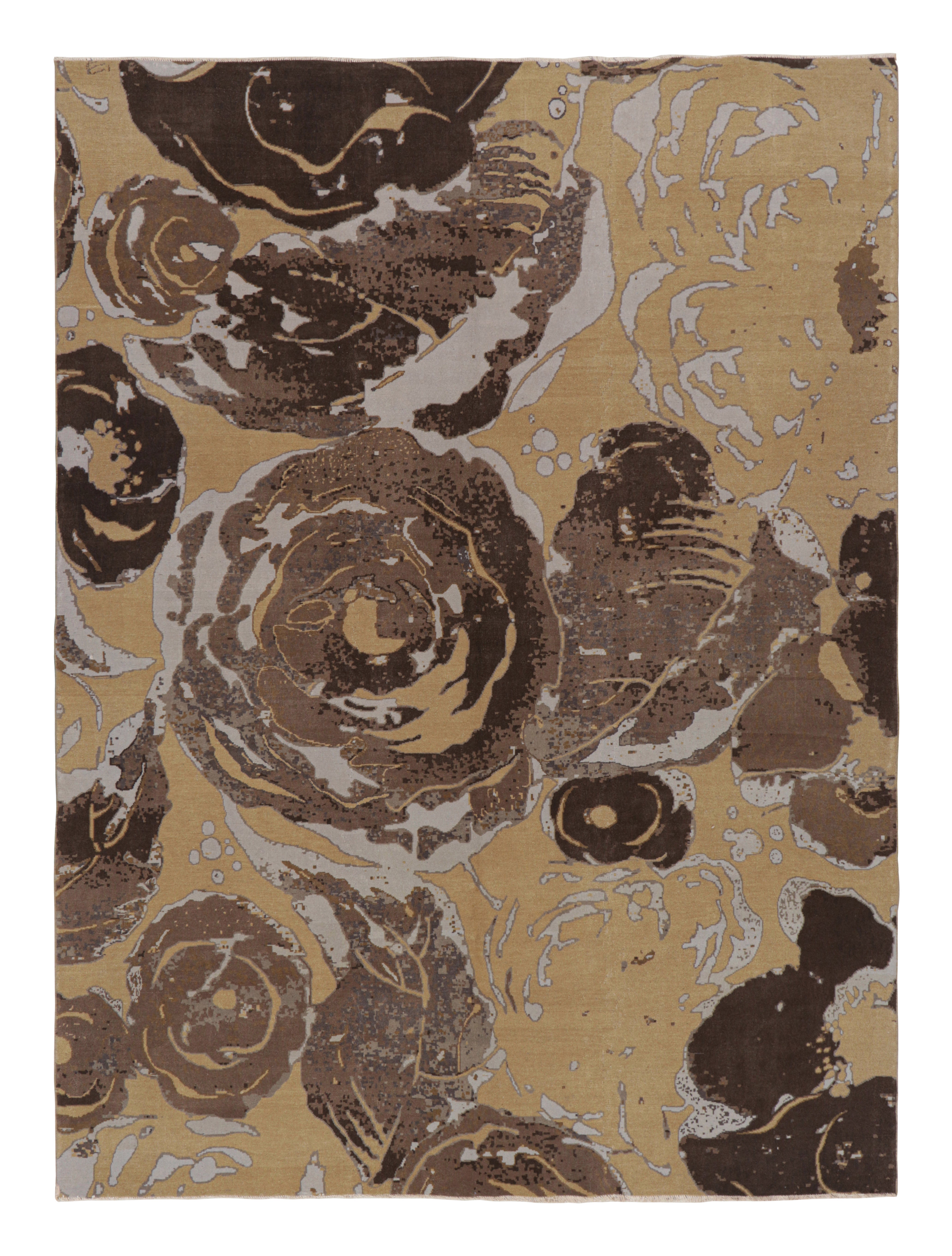 Rug & Kilim’s Modern Art Deco Cream Beige and Brown Wool and Silk Floral Rug