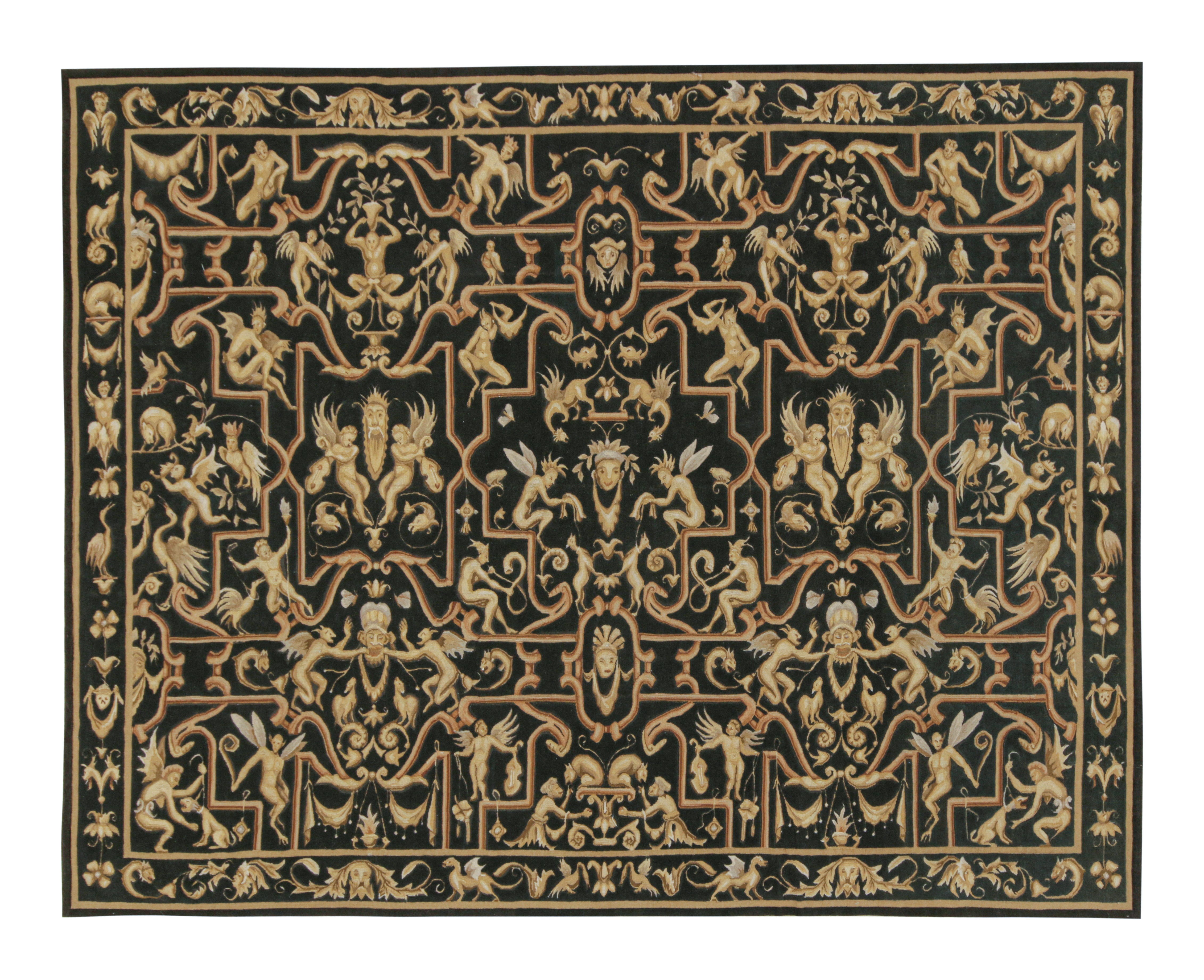 Rug & Kilim’s Tudor Style Flatweave in Black with Gold Pictorial Patterns