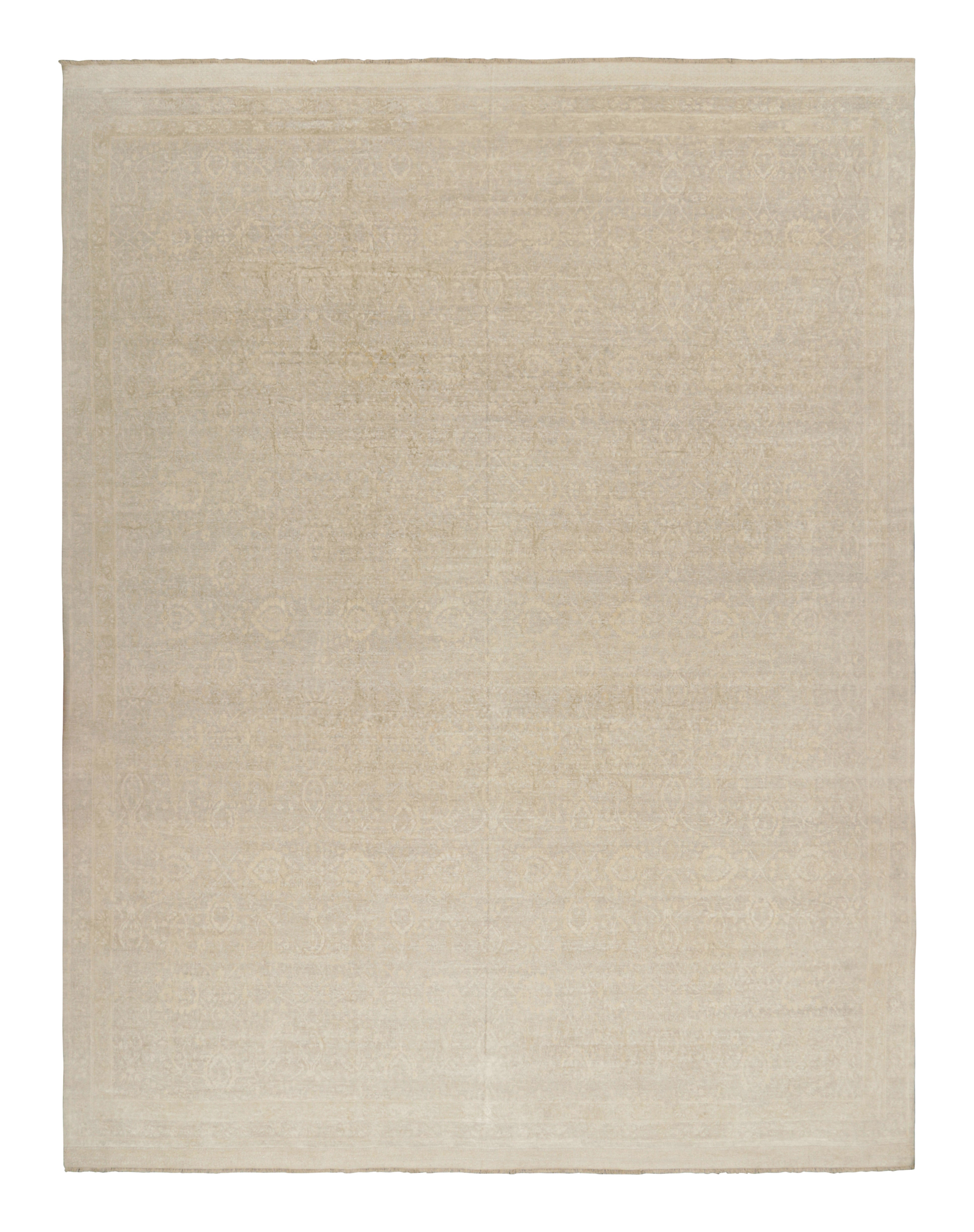 Oversized Rug & Kilim’s Oushak Style Rug in Gray and Beige with Floral Patterns For Sale