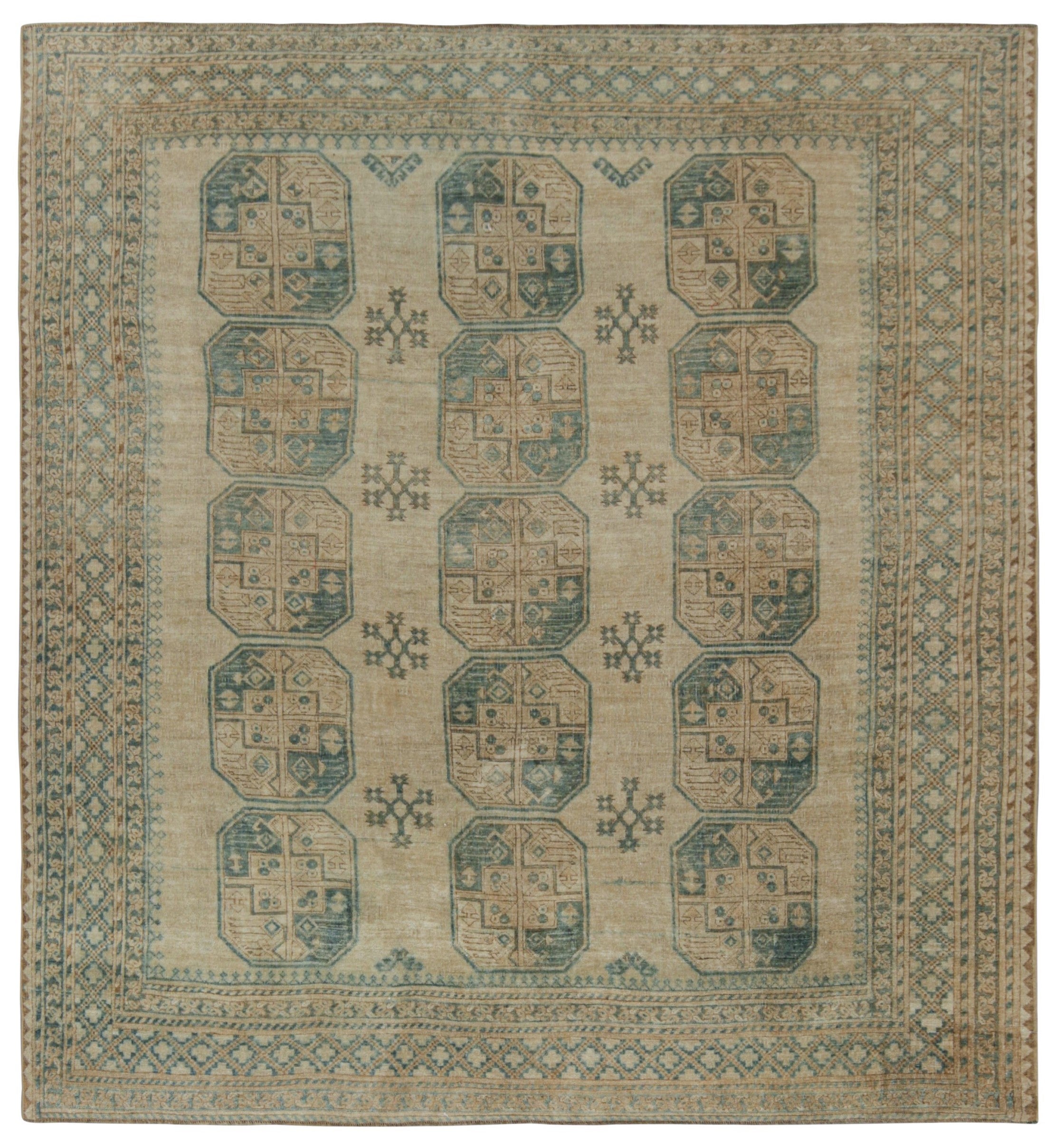 Tappeto Ersari vintage con motivi geometrici beige-marrone e verde acqua, da Rug & Kilim