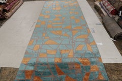 Rug & Kilim’s Mid Century Modern Geometric Orange-Gold & Blue Wool and Silk Gall