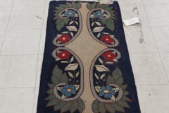 Antique Hooked Rug in Navy Blue with Medallion and Florals from Rug & Kilim