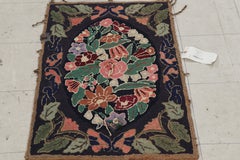 Antique Hooked Rug in Black with Floral Medallion & Patterns from Rug & Kilim