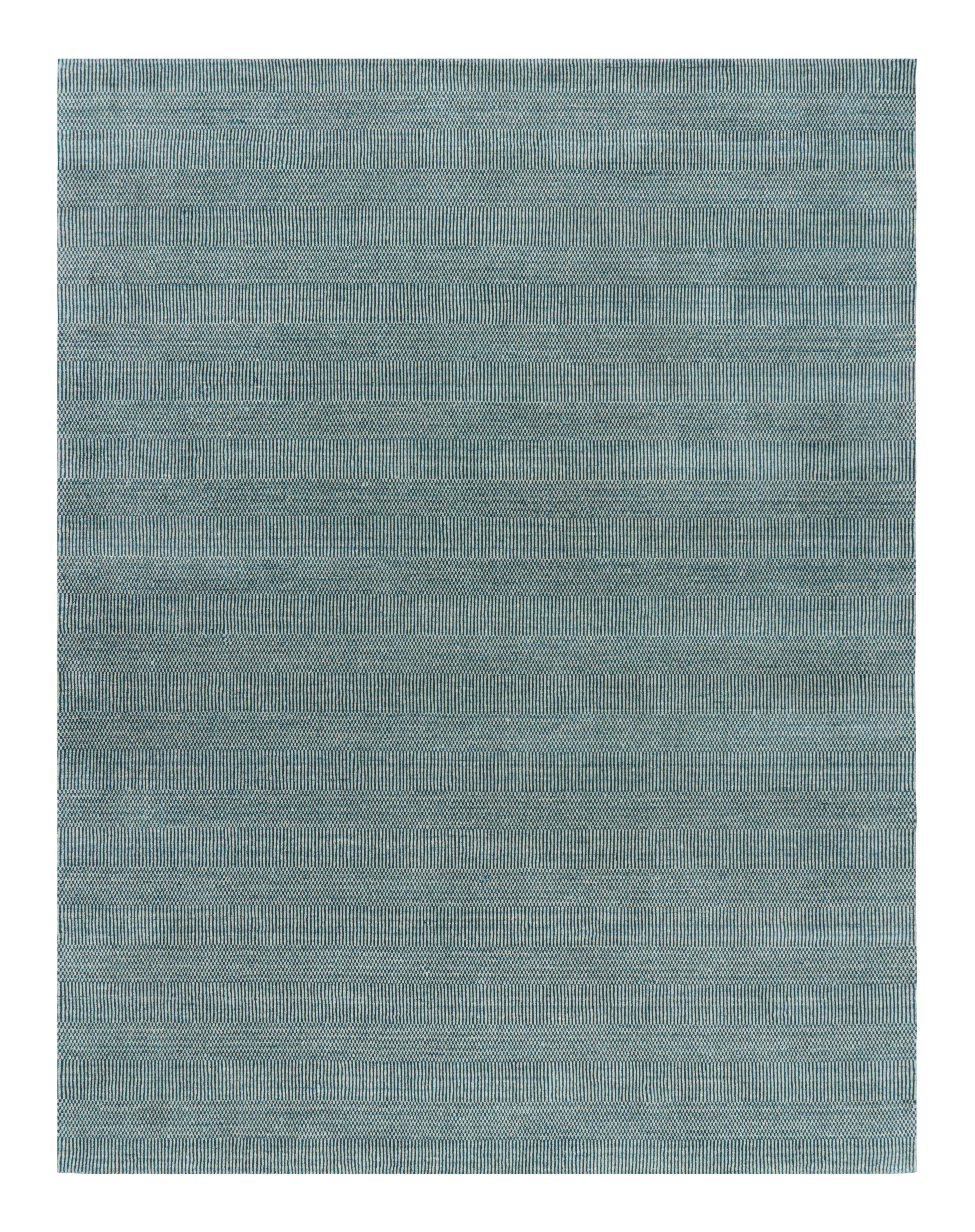 Rug & Kilim’s Modern Rug in Blue and Cream, with Stripes and Geometric Patterns
