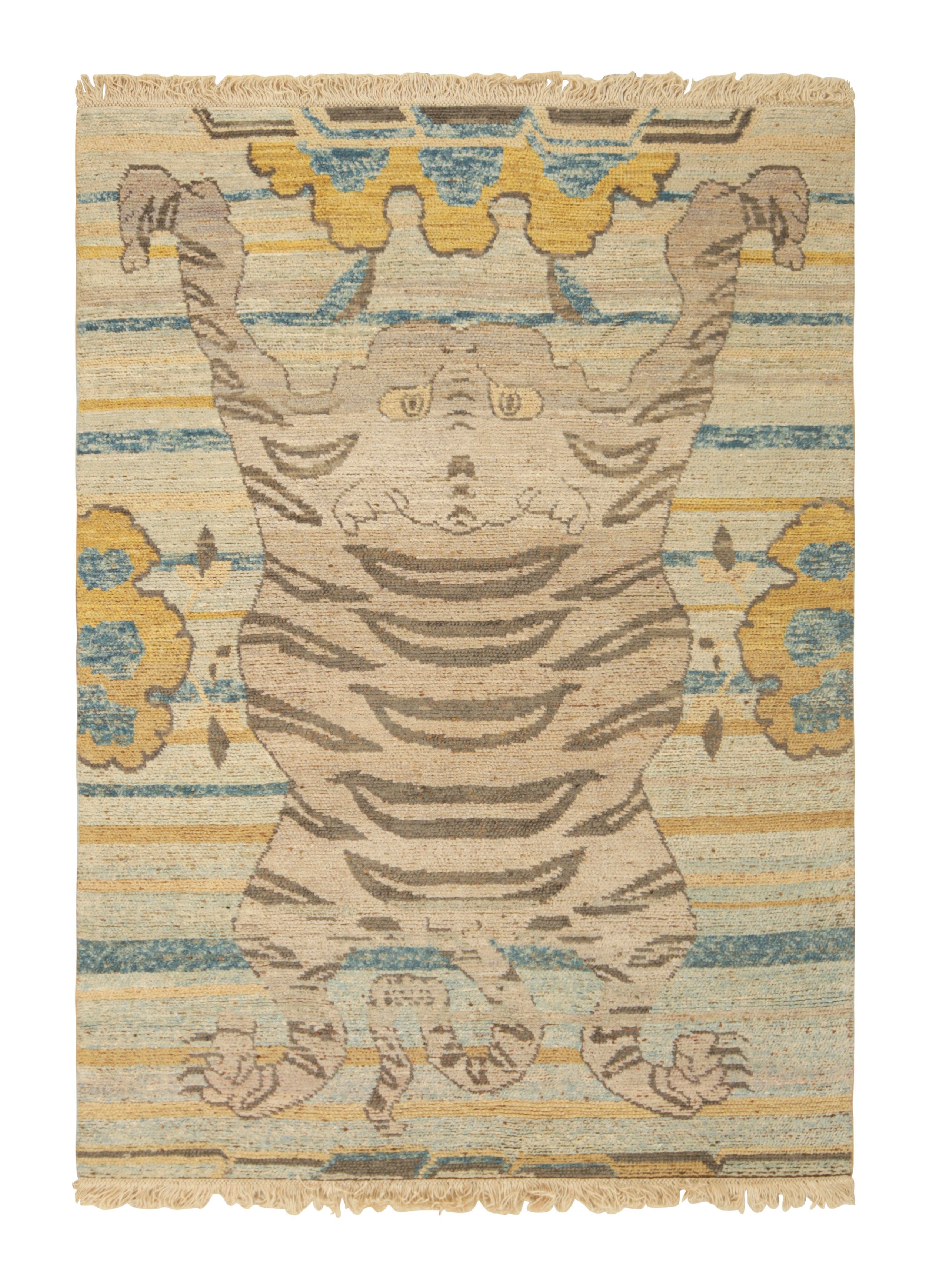 Rug & Kilim’s Tiger Skin Rug with Gold, Blue and Beige-Brown Pictorial