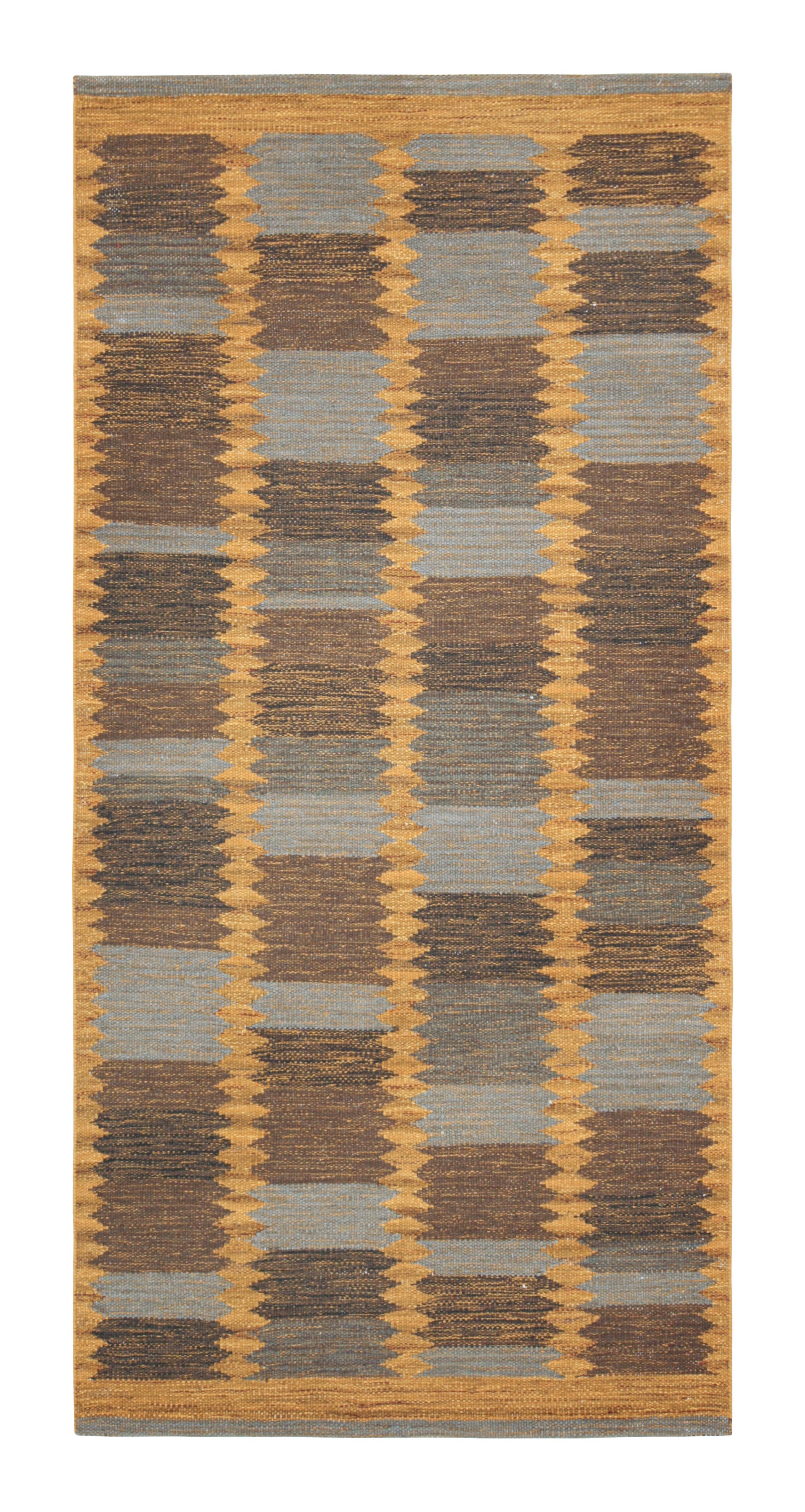 Rug & Kilim’s Scandinavian Rug in Gold, Gray and Brown Geometric Pattern