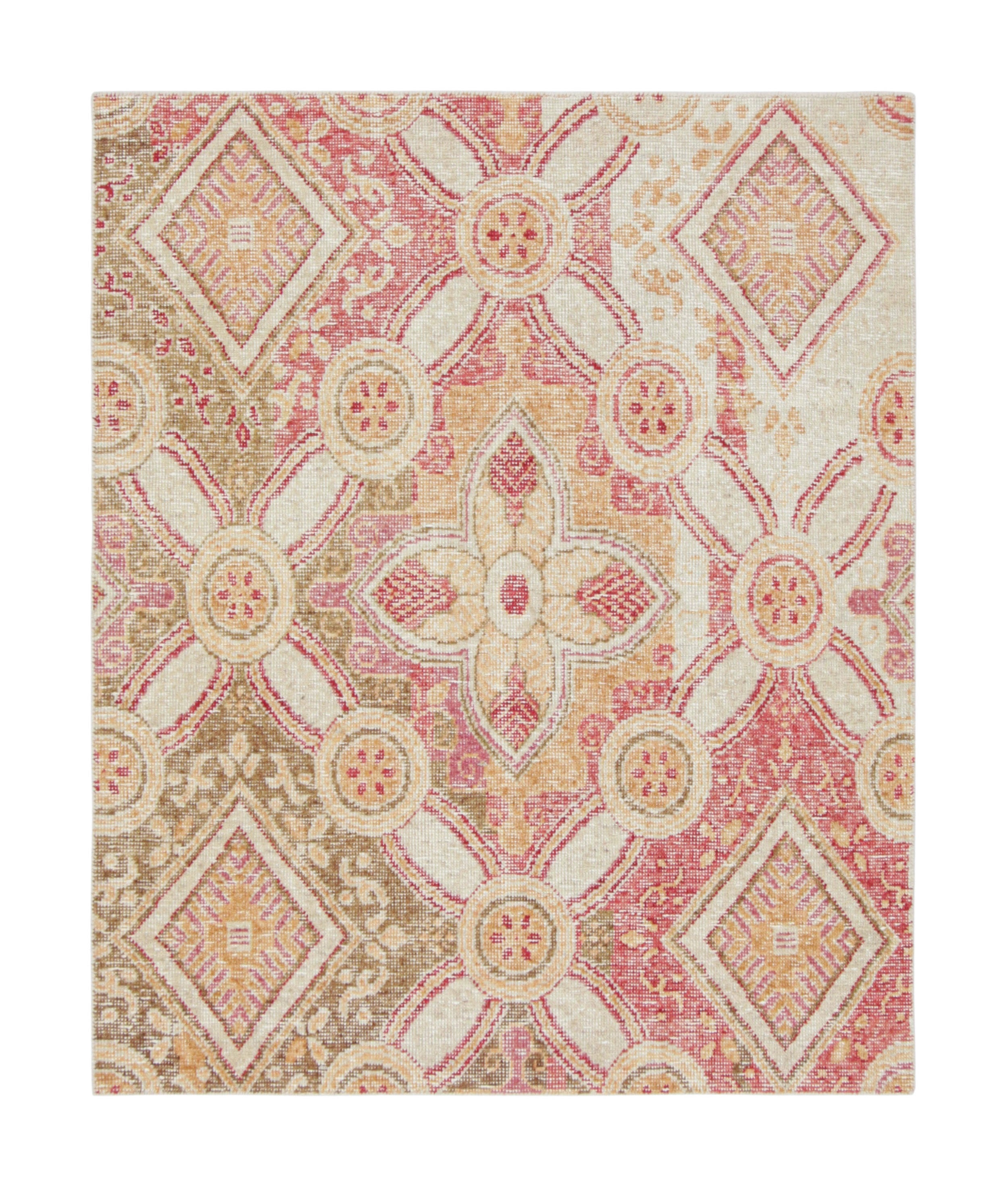 Rug & Kilim’s Distressed Style Rug in Red, Green, Gold, White Trellises